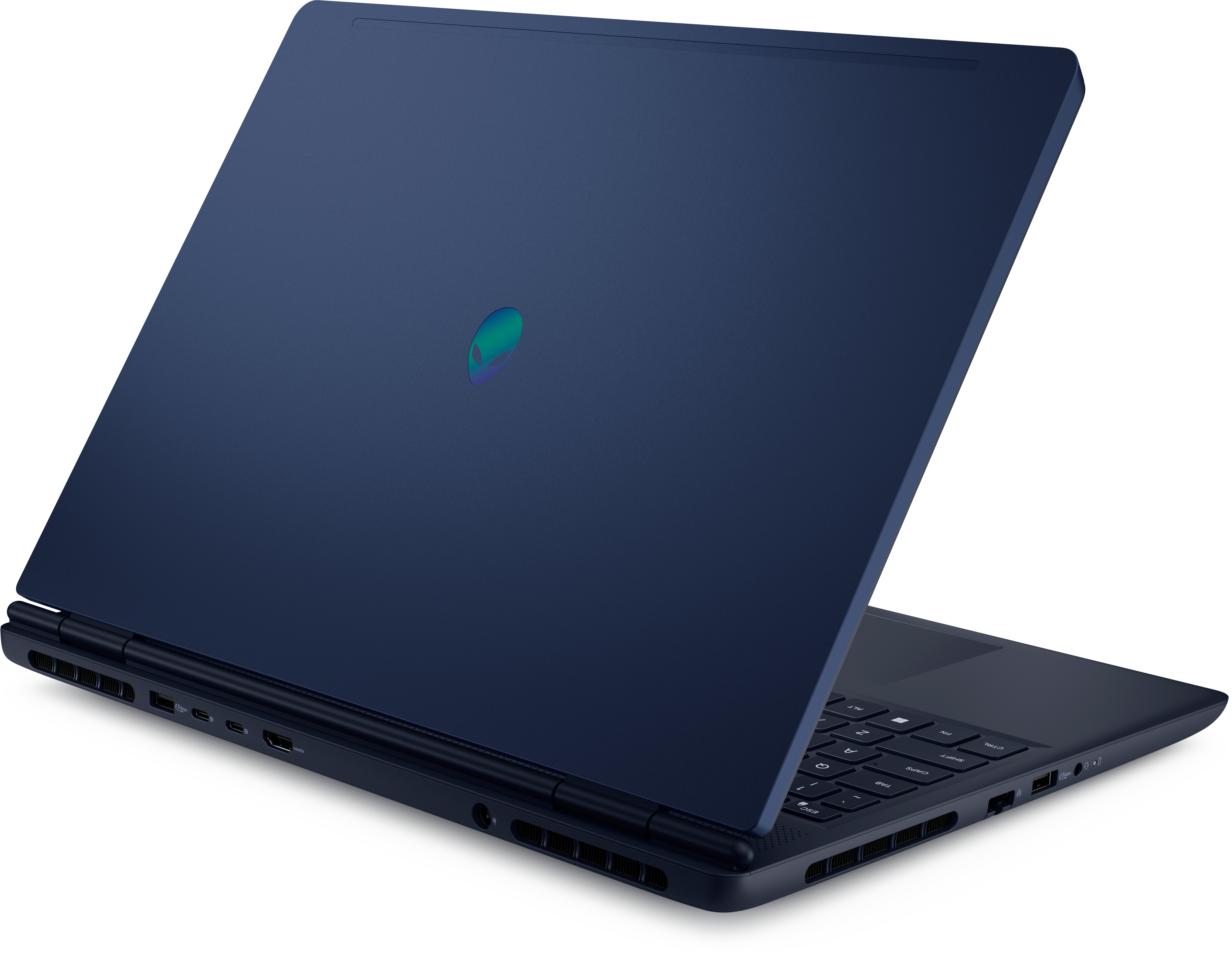 Niebieski laptop jest otwarty, widać klawiaturę i ekran. Na pokrywie widoczne jest logo.