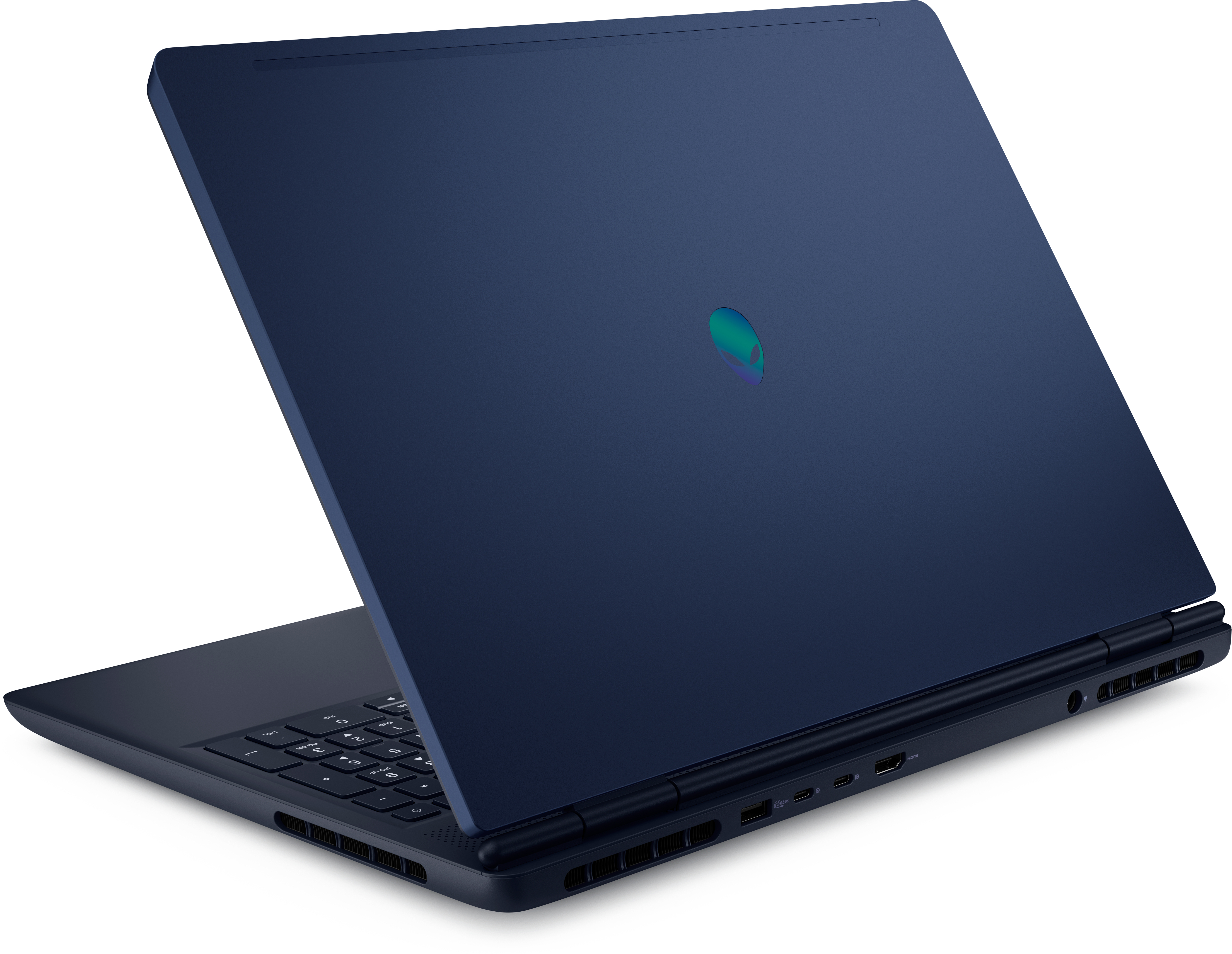 Granatowy laptop jest otwarty, pokazując klawiaturę i tylną pokrywę z logo kosmity.
