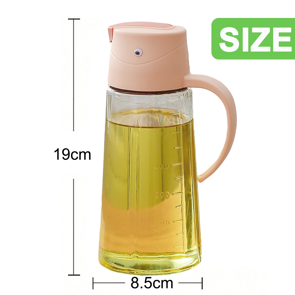 Ein Glas-Ölspender mit pfirsichfarbenem Deckel und Griff, gefüllt mit gelber Flüssigkeit. Maße: 19 cm hoch und 8,5 cm breit.