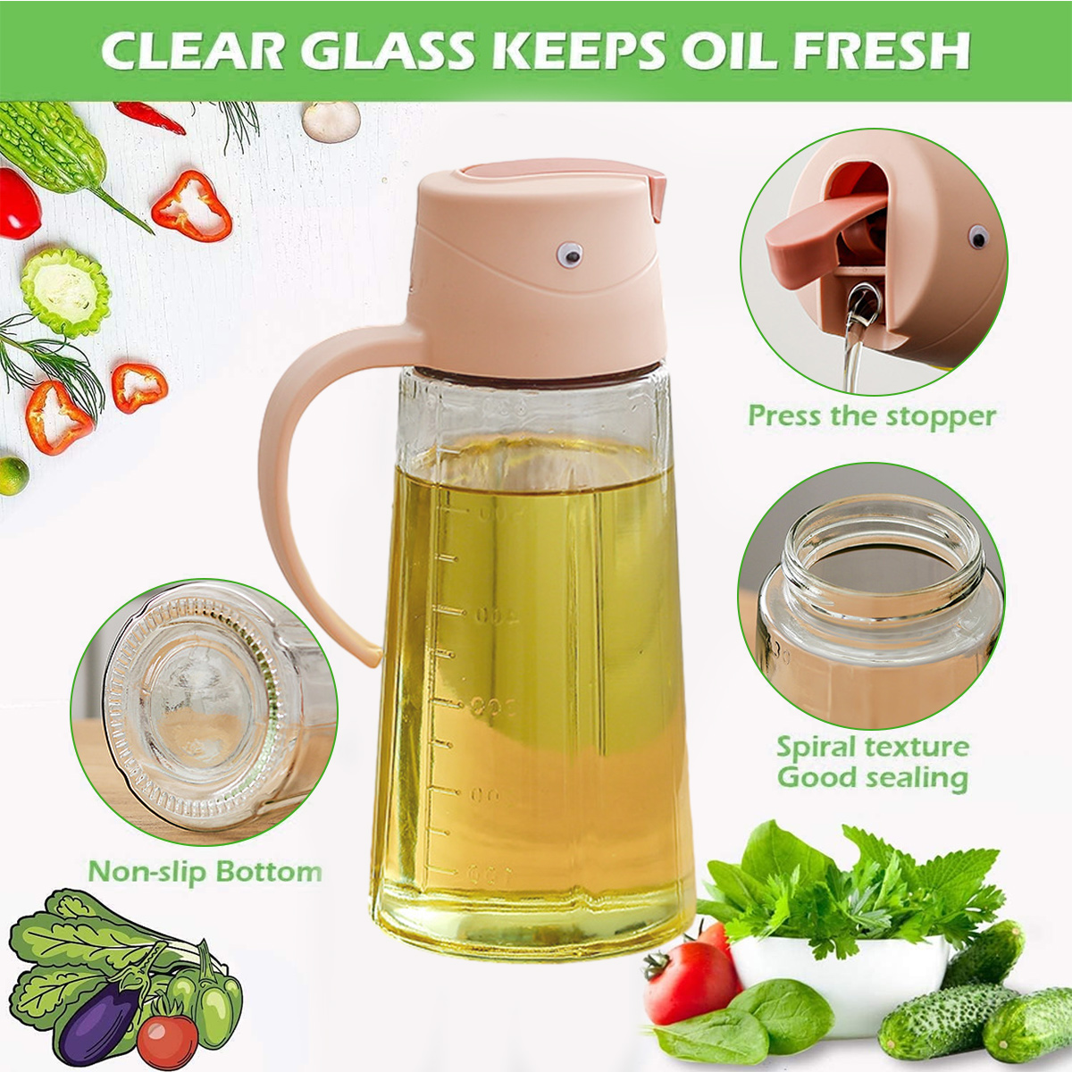 Eine klare Glasölflasche mit beigem Deckel. Sie ist mit gelbem Öl gefüllt. Gemüse und Text sind um die Flasche herum.