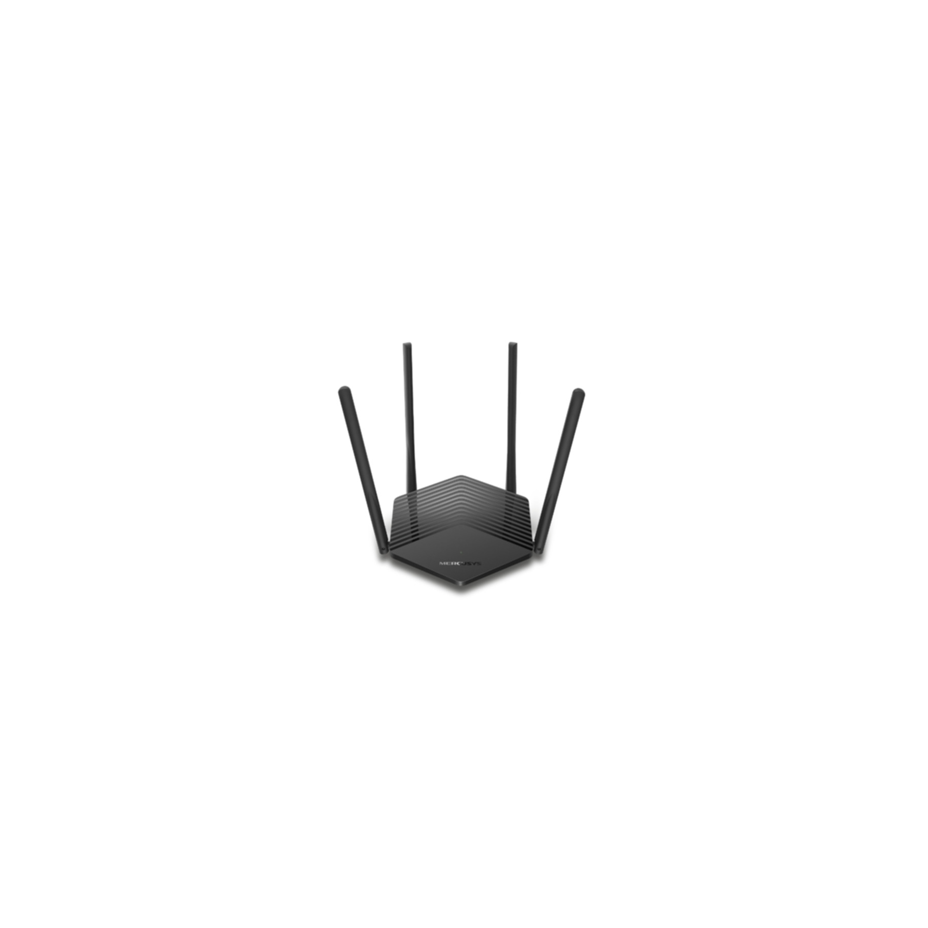 Ein schwarzer Router mit vier Antennen vor weißem Hintergrund.
