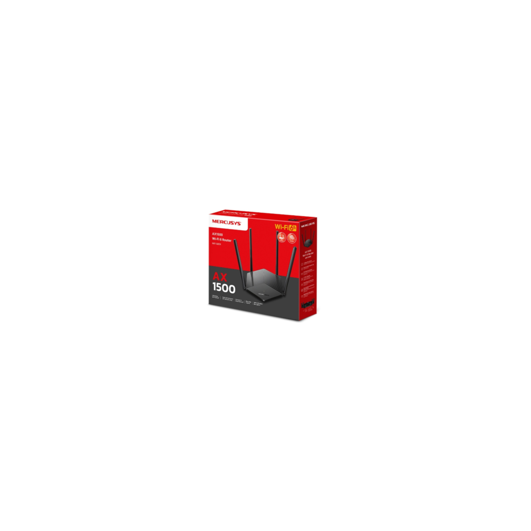 Eine Mercusys AX1500 Wi-Fi 6 Router-Box. Die Box ist rot und schwarz, mit dem Router-Bild und den Spezifikationen.