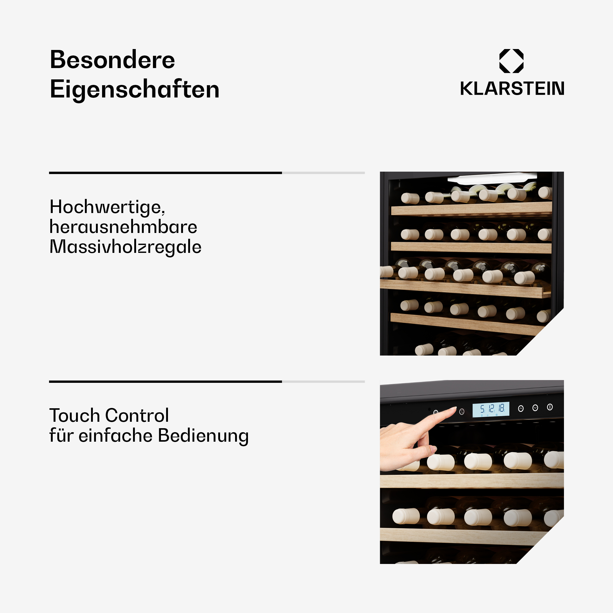 Weinkühler mit Holzregalen und Flaschen. Touch-Bedienfeld. Text oben: 'Besondere Eigenschaften' und Klarstein-Logo.