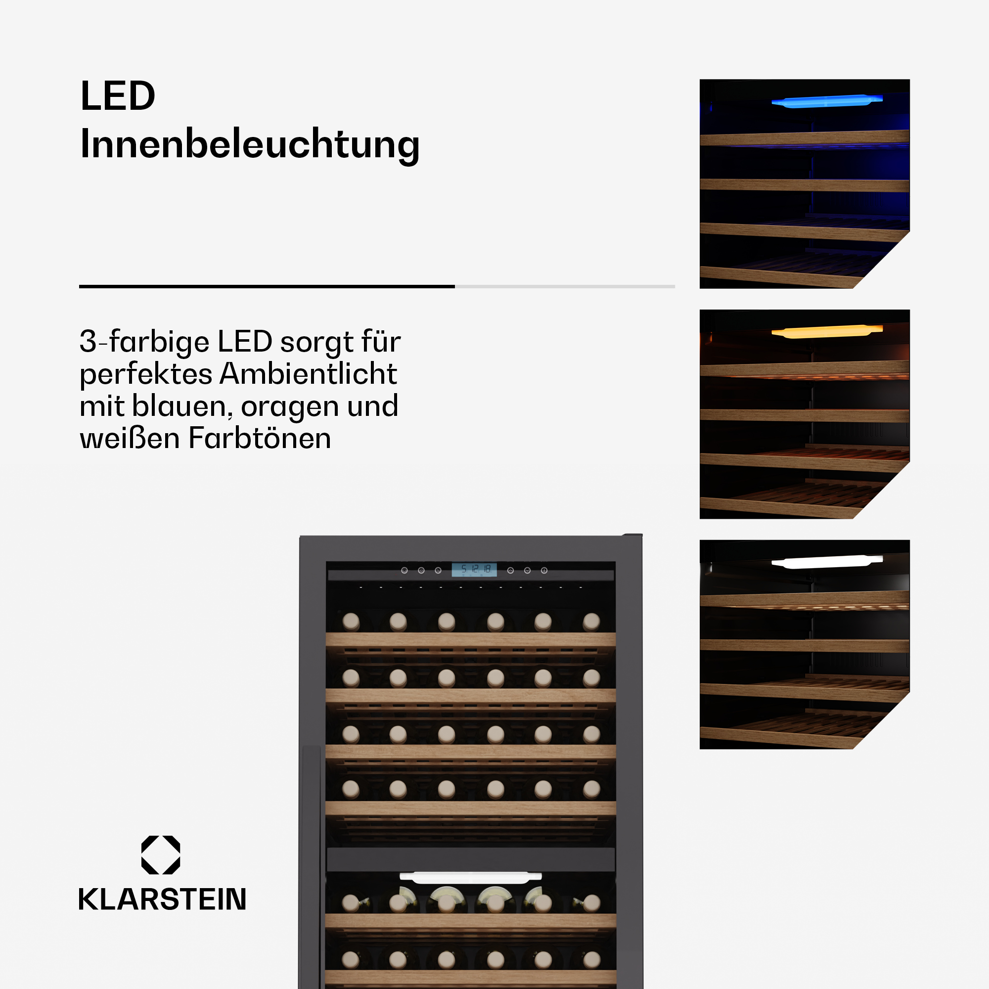 Ein Weinkühler mit LED-Beleuchtung in Blau, Orange und Weiß. Er hat mehrere Regale mit Weinflaschen und ein digitales Display.