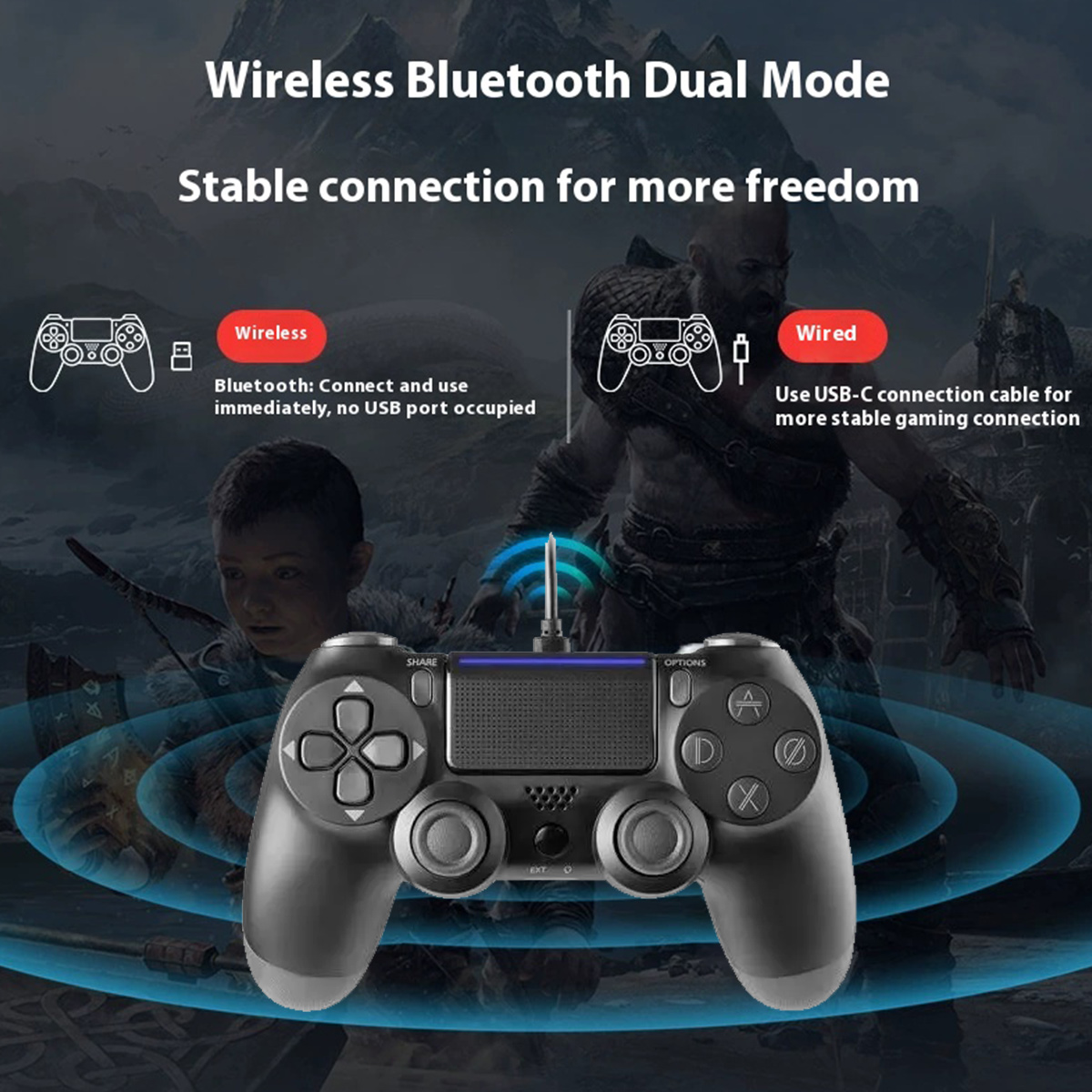 Ein schwarzer Gamecontroller mit blauem Licht, drahtlosen und kabelgebundenen Optionen. Hintergrund zeigt einen Spielcharakter.