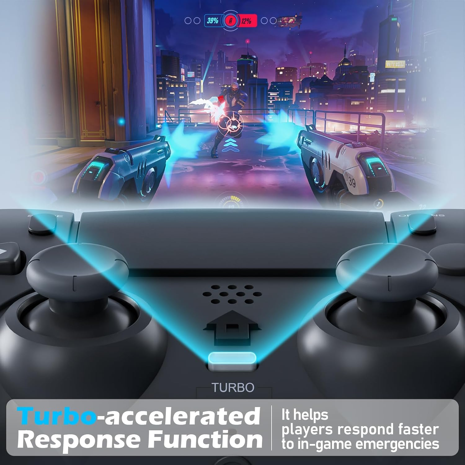 Ein Gamecontroller mit Spielszene im Hintergrund. Blaue Lichteffekte heben Funktionen hervor. Text: 'Turbo-beschleunigte Reaktionsfunktion'.