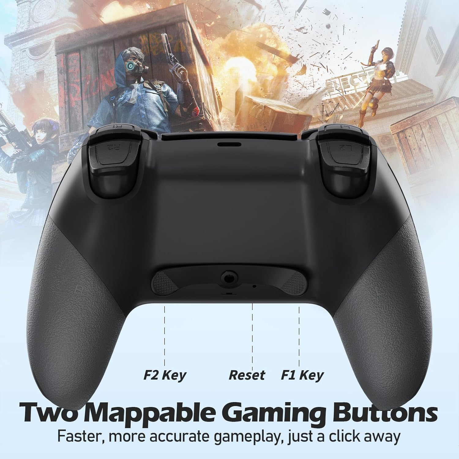 Schwarzer Gamecontroller mit grauen Griffen. Im Hintergrund befinden sich Spielfiguren und Explosionen. Der Text lautet 'Two Mappable Gaming Buttons'.