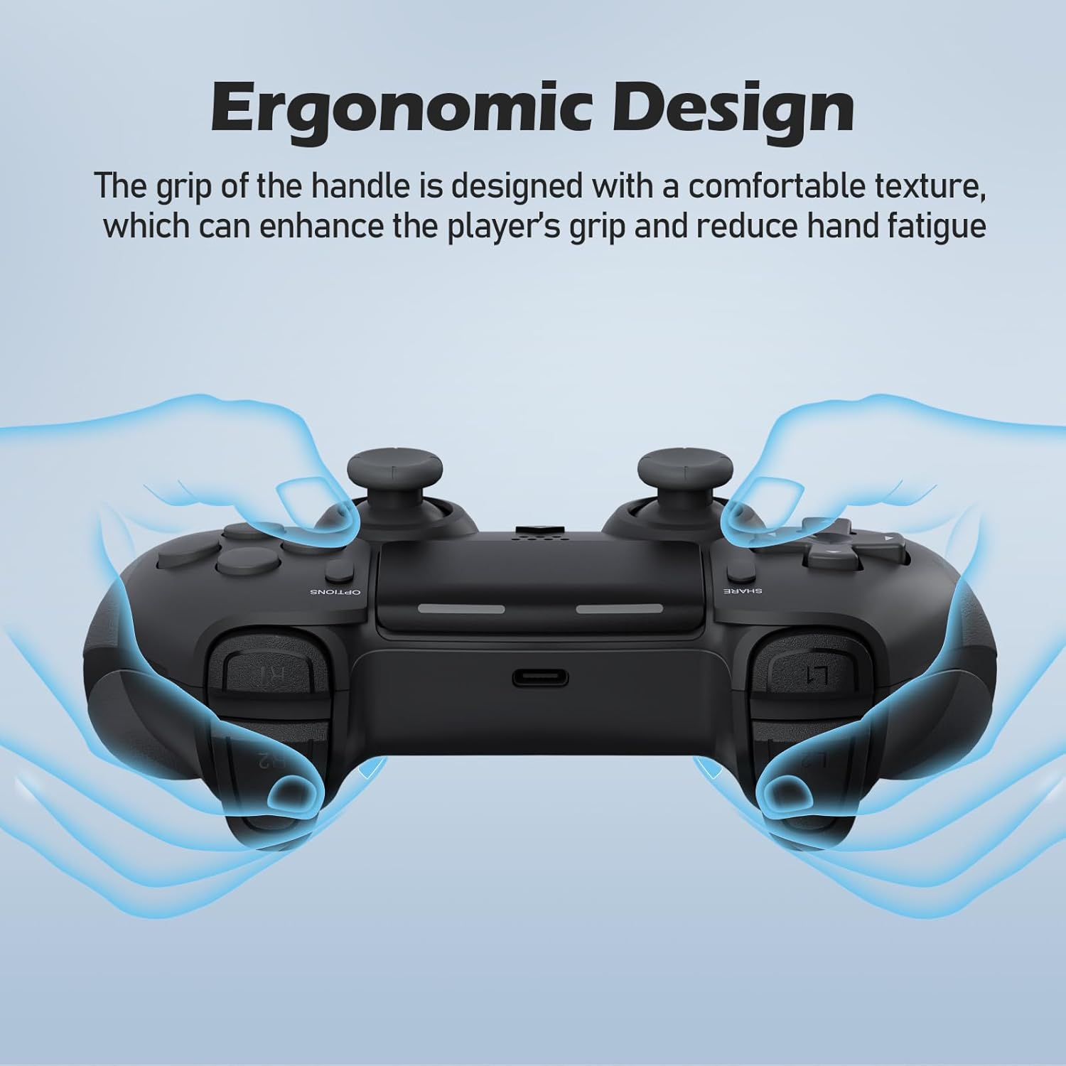 Ein schwarzer Gamecontroller, der von Händen mit blau leuchtenden Konturen gehalten wird. Text lautet "Ergonomisches Design" und Grip-Details.