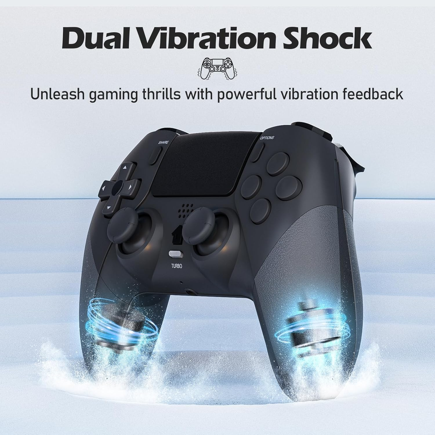 Schwarzer Gamecontroller mit Text 'Dual Vibration Shock'. Es hat Tasten und Auslöser, mit blauem Leuchteffekt.