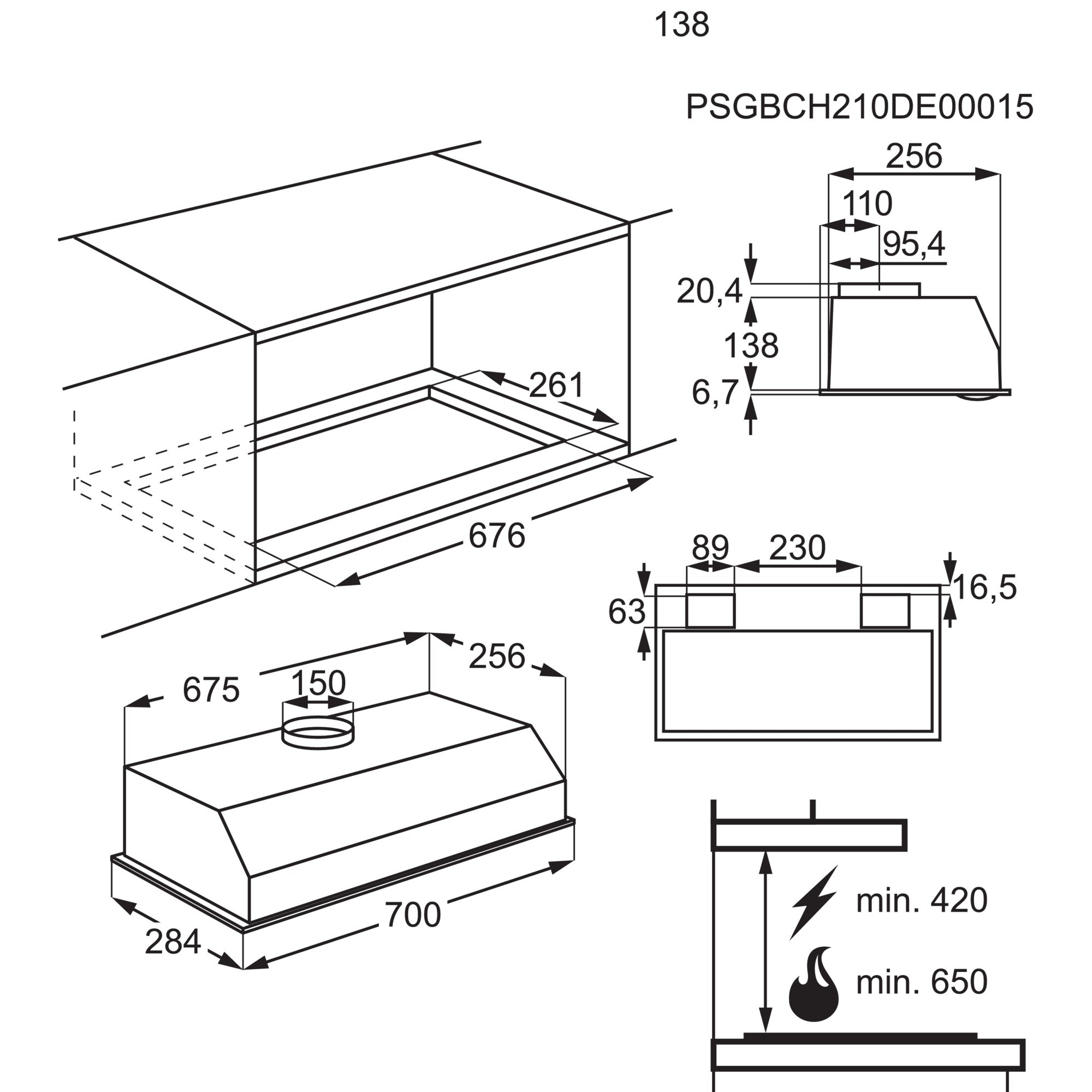 Disegno tecnico di una cappa da cucina con dimensioni e specifiche.