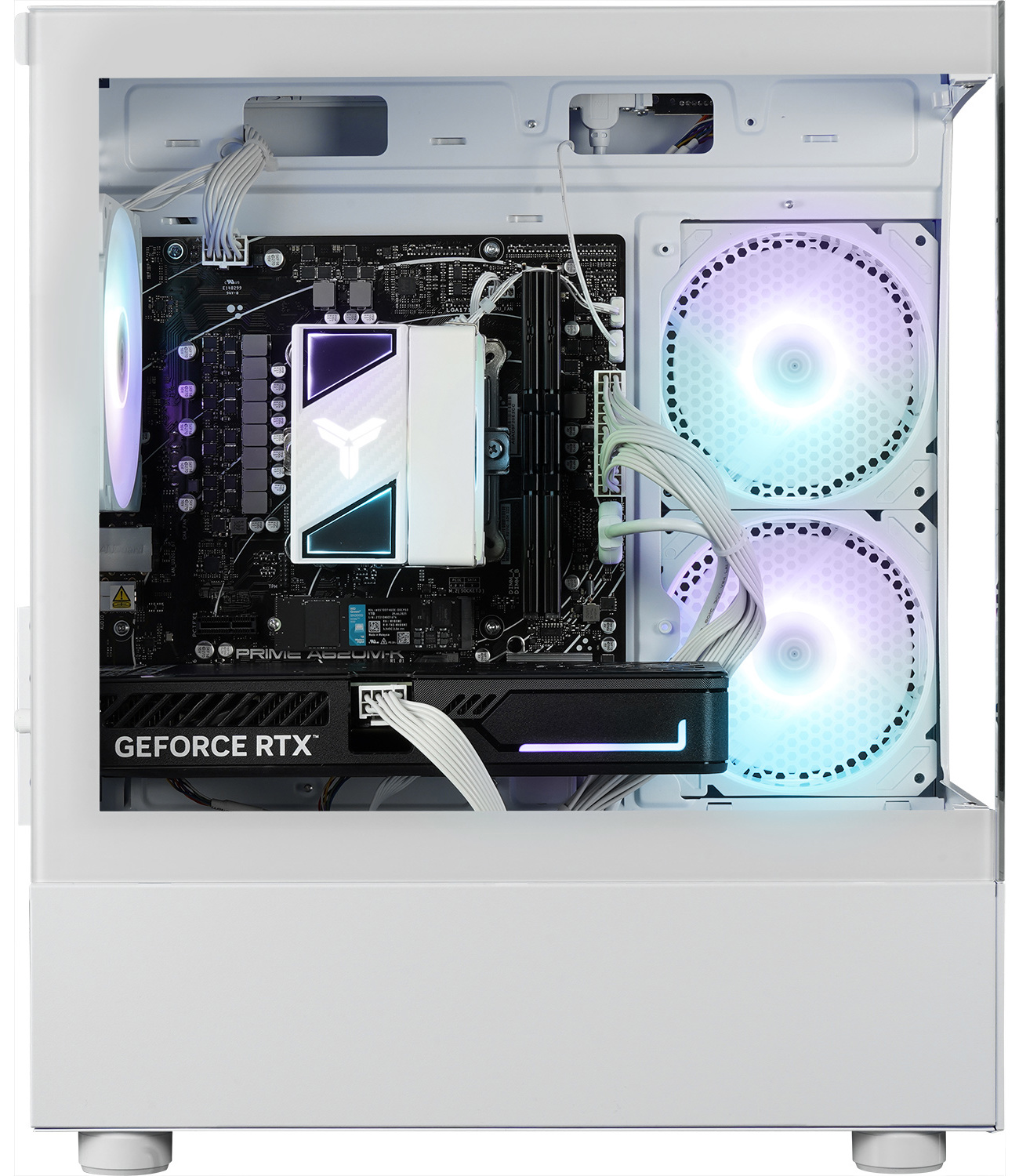 À l'intérieur d'un boîtier PC blanc, montrant des composants comme une carte mère, une GPU, un refroidisseur de CPU et des ventilateurs avec éclairage coloré.