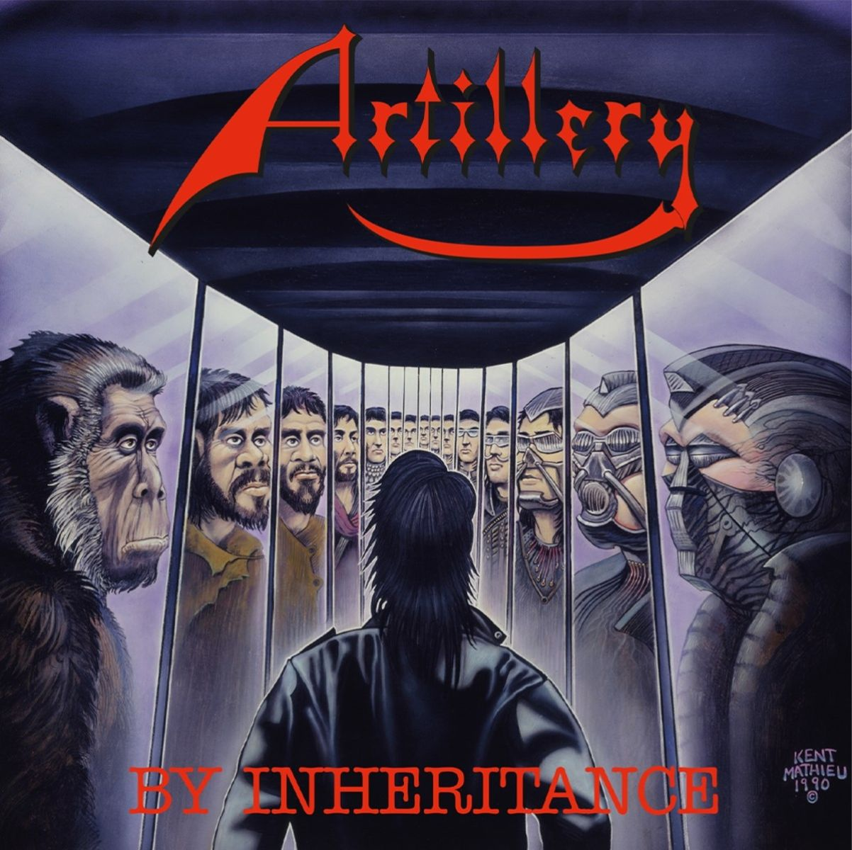 Albumhoes. Een persoon kijkt naar meerdere gespiegelde gezichten, waaronder een aap en een cyborg. Rood 'Artillery' bovenaan, 'By Inheritance' onderaan.