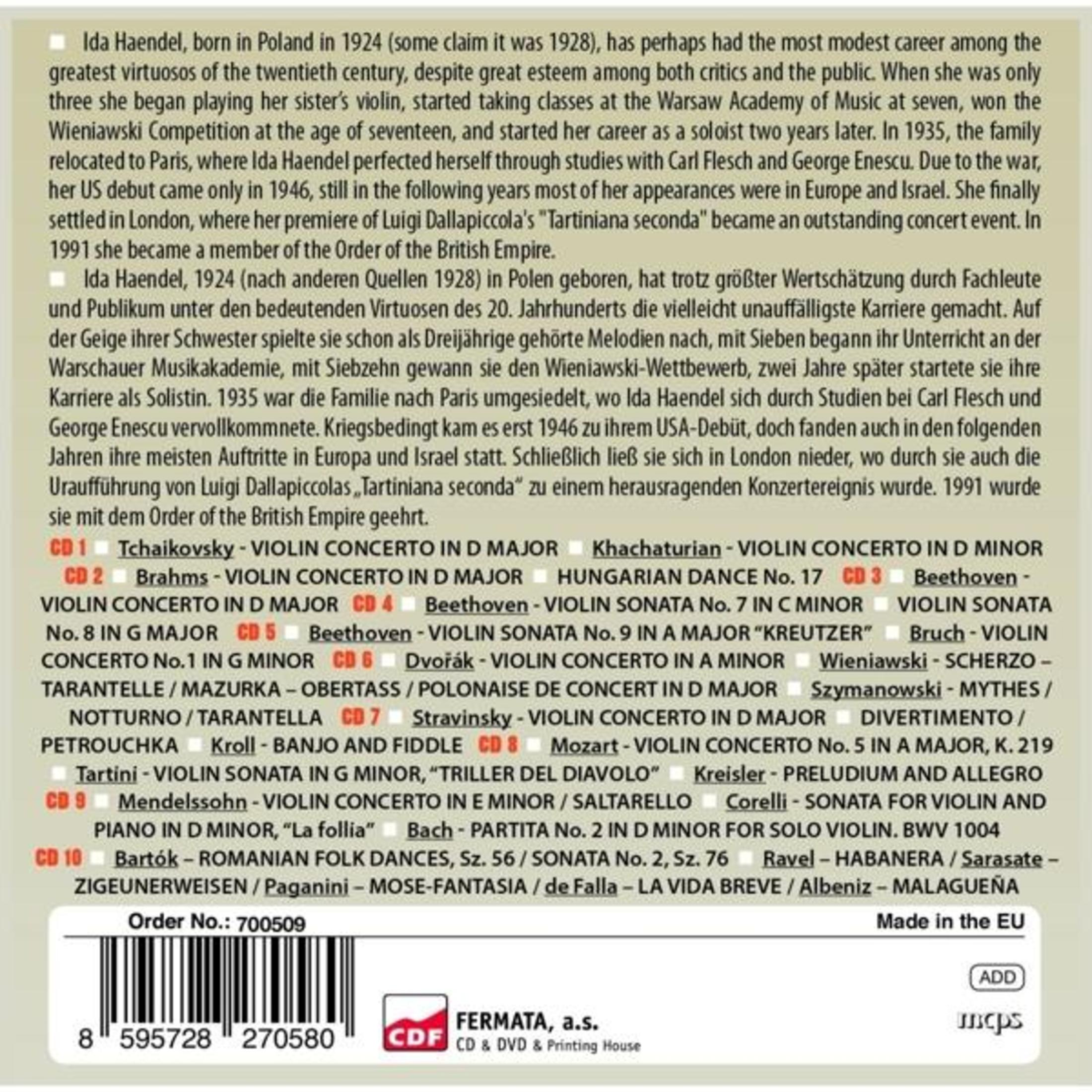 Text auf beigem Hintergrund beschreibt die Karriere von Ida Haendel, darunter Geigenauftritte und Auszeichnungen.