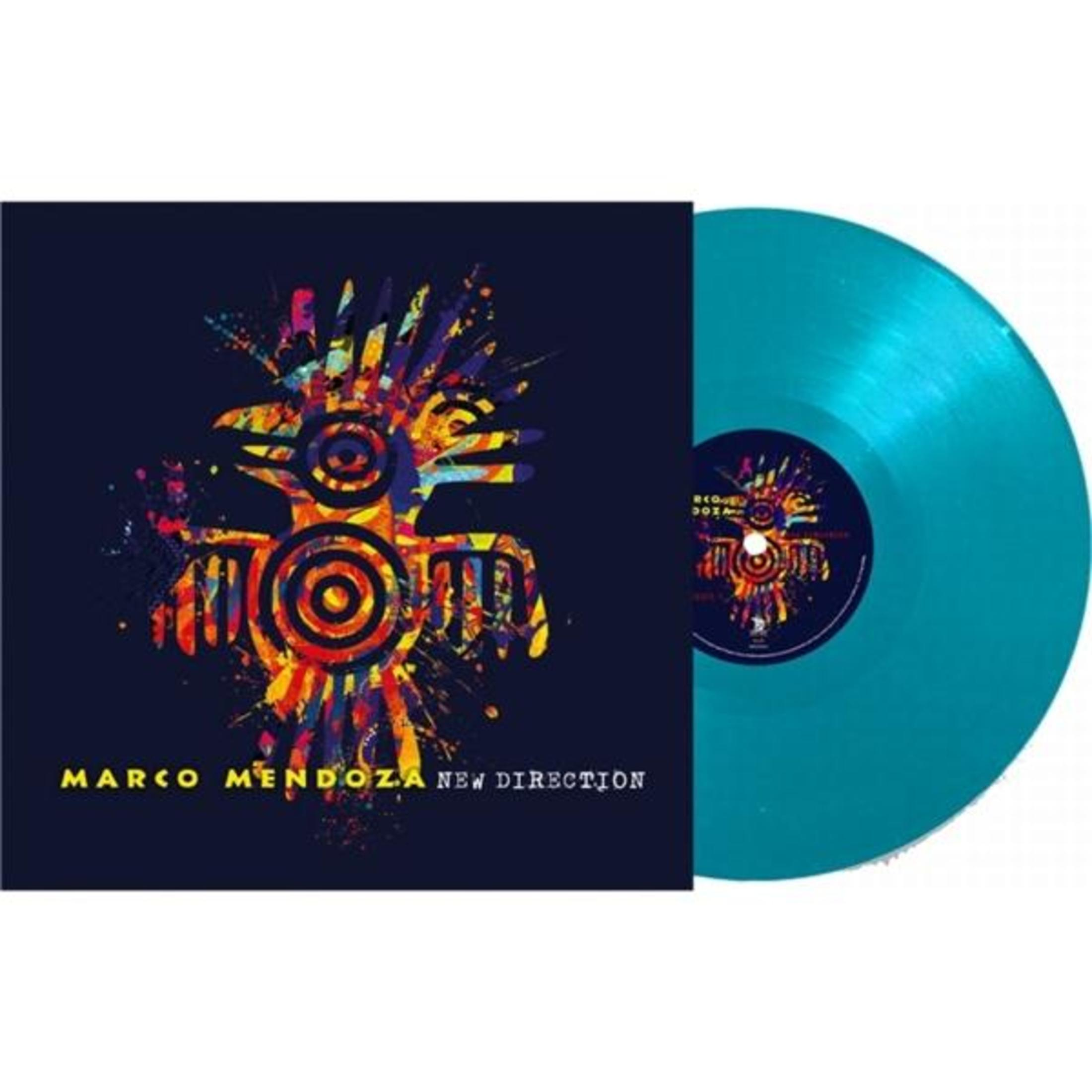 Albumcover: Marco Mendoza, New Direction. Buntes Design und eine türkisfarbene Schallplatte rechts.