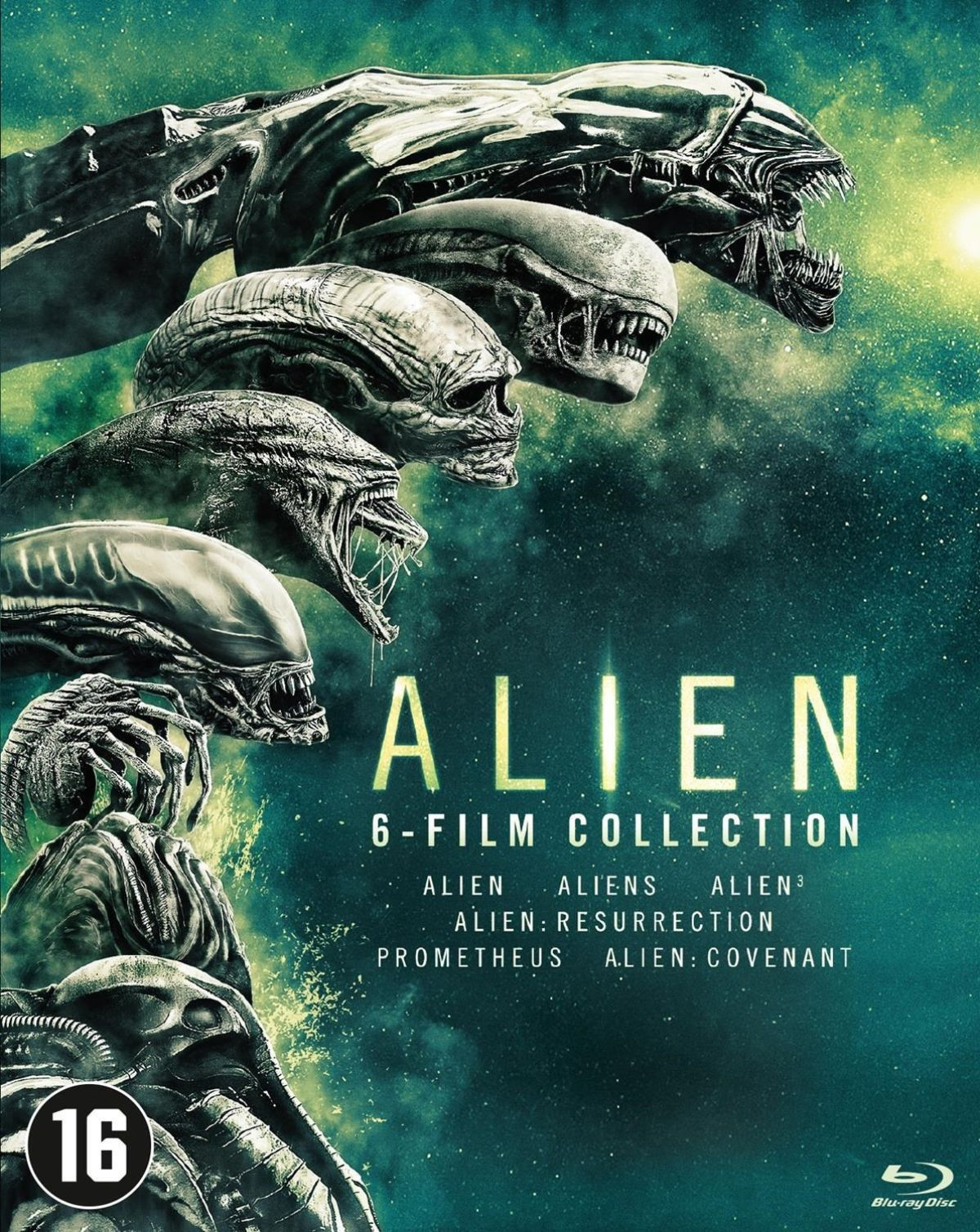 De filmposter toont meerdere Alien-hoofden. De titel luidt 'Alien 6-Film Collection'. Een '16' leeftijdsclassificatie is zichtbaar.
