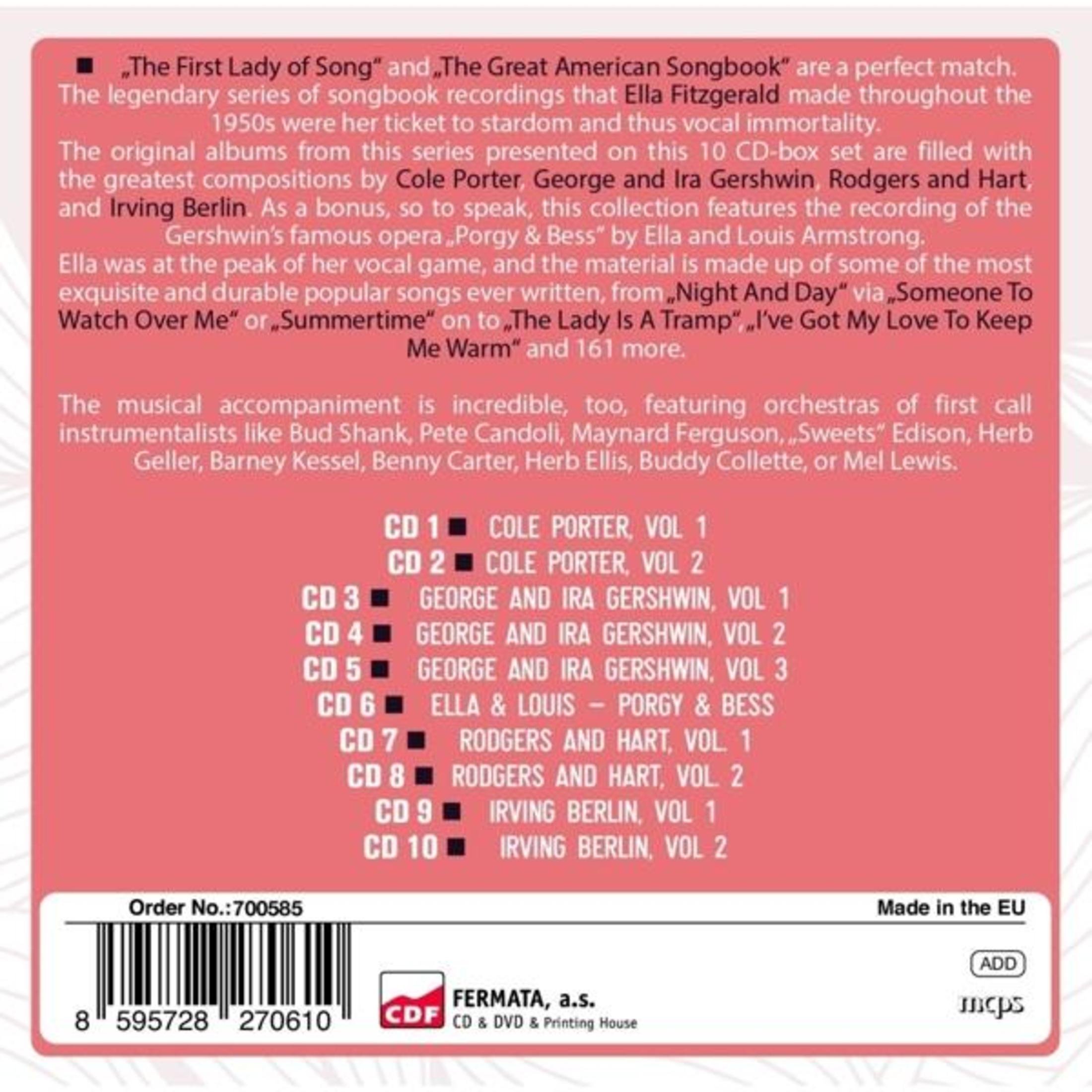 CD-Box-Set mit Text über Ella Fitzgerald, Songtiteln und CD-Details. Roter Hintergrund mit weißem Text.