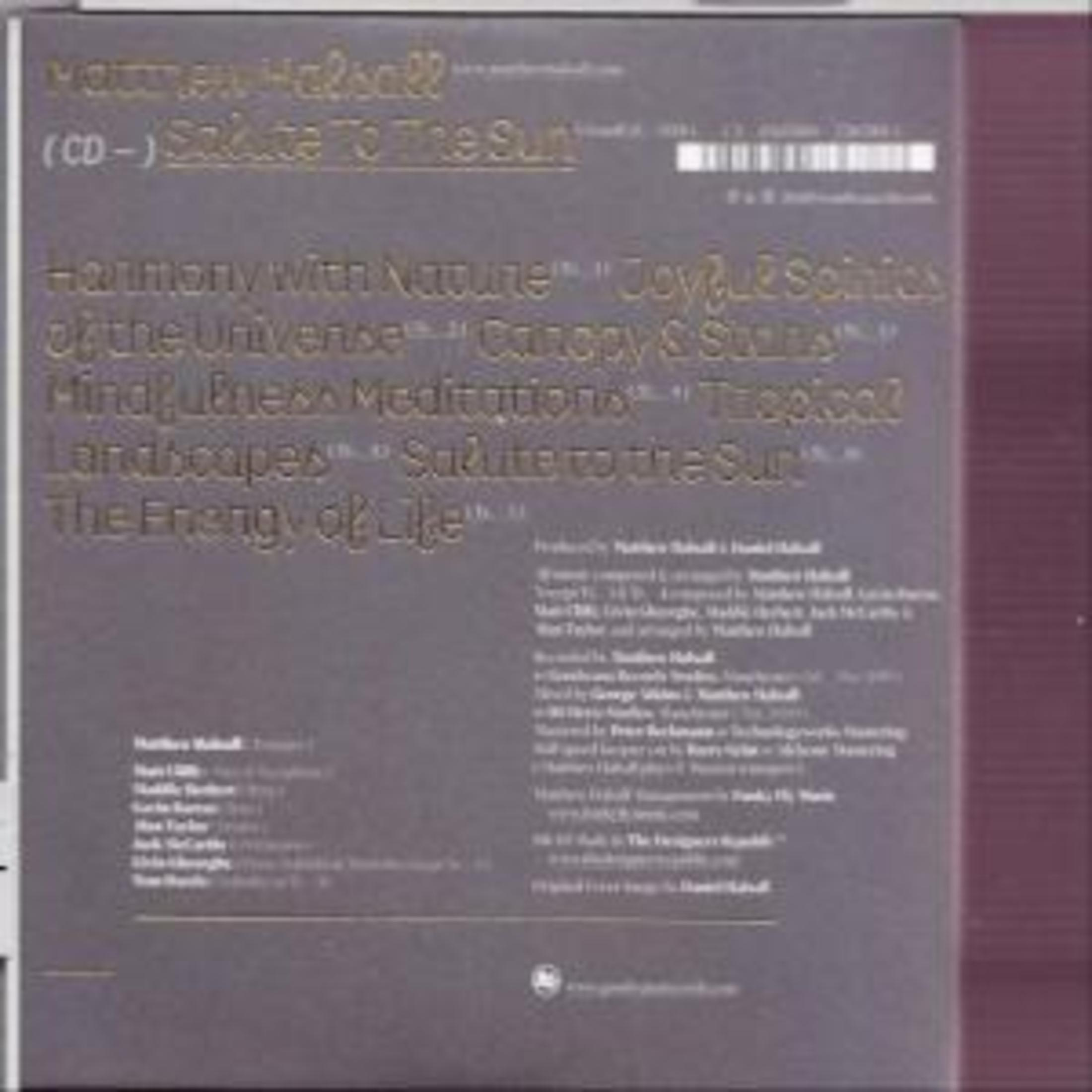 CD-Cover. Goldener Text auf grauem Hintergrund. Titel sind 'Salute to the Sun', 'Harmony with Nature', und Künstlername.