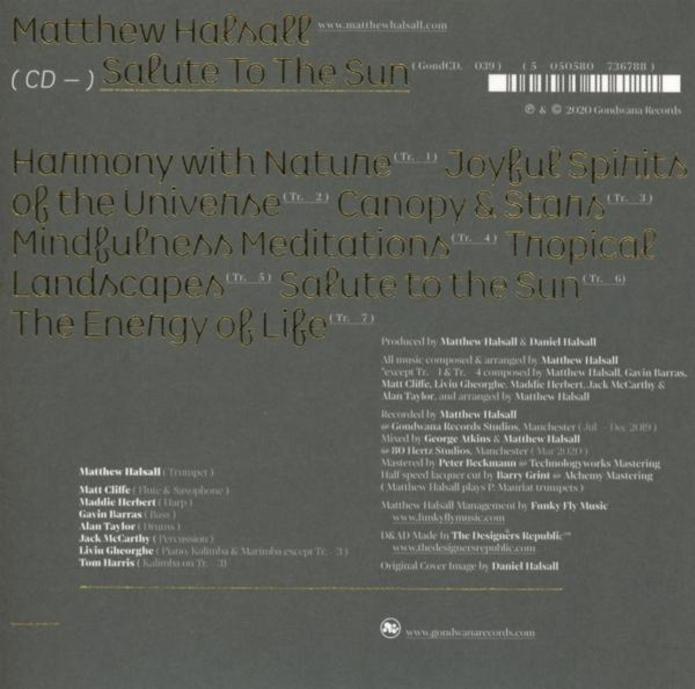 CD-Cover. Titel: Salute to the Sun. Künstler: Matthew Halsall. Enthält Titel und Musiker-Credits.