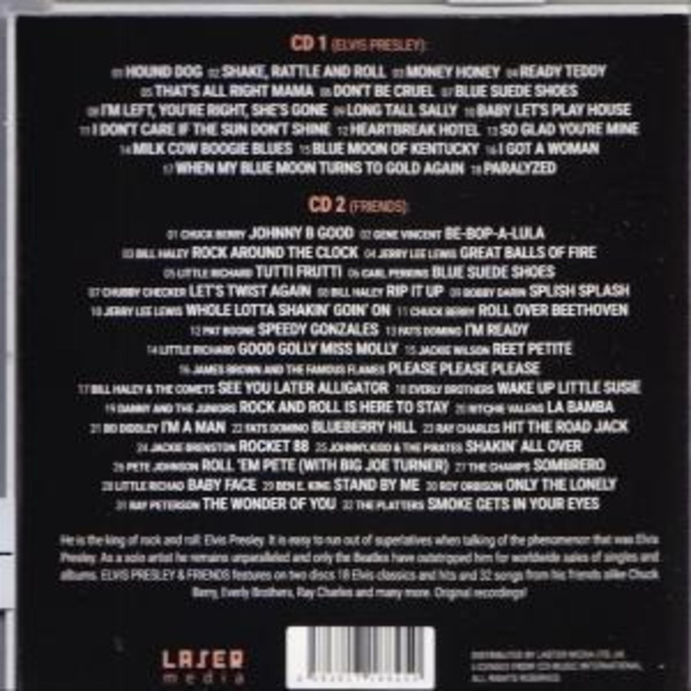 CD-Cover. Auflistung der Songtitel, mit Elvis Presley und Friends. Schwarzer Hintergrund, weißer Text und Laser Media Logo.