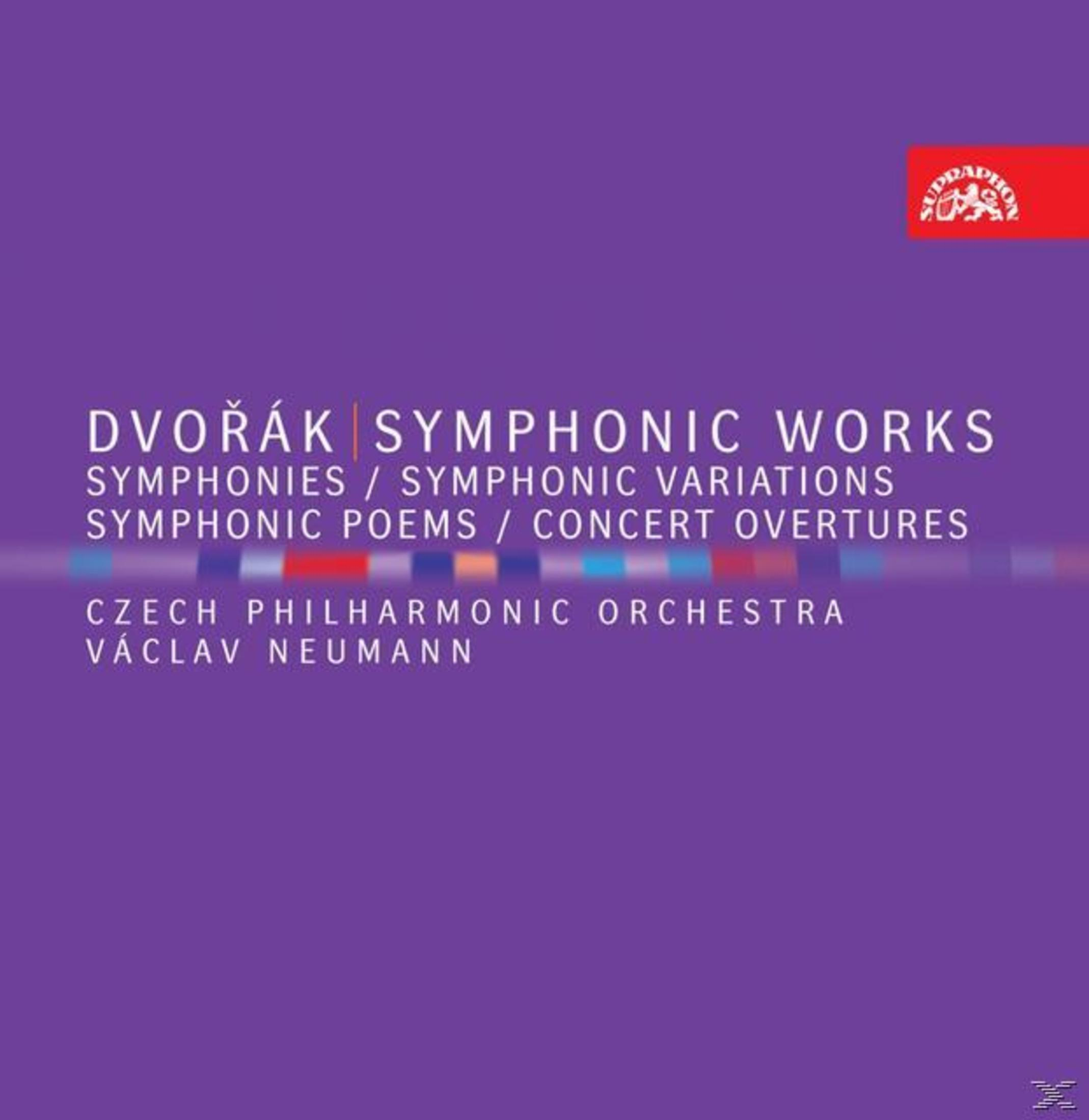 Albumcover: Dvořák Symphonic Works, Text auf lila Hintergrund. Logo in Rot. Czech Philharmonic Orchestra, Václav Neumann.