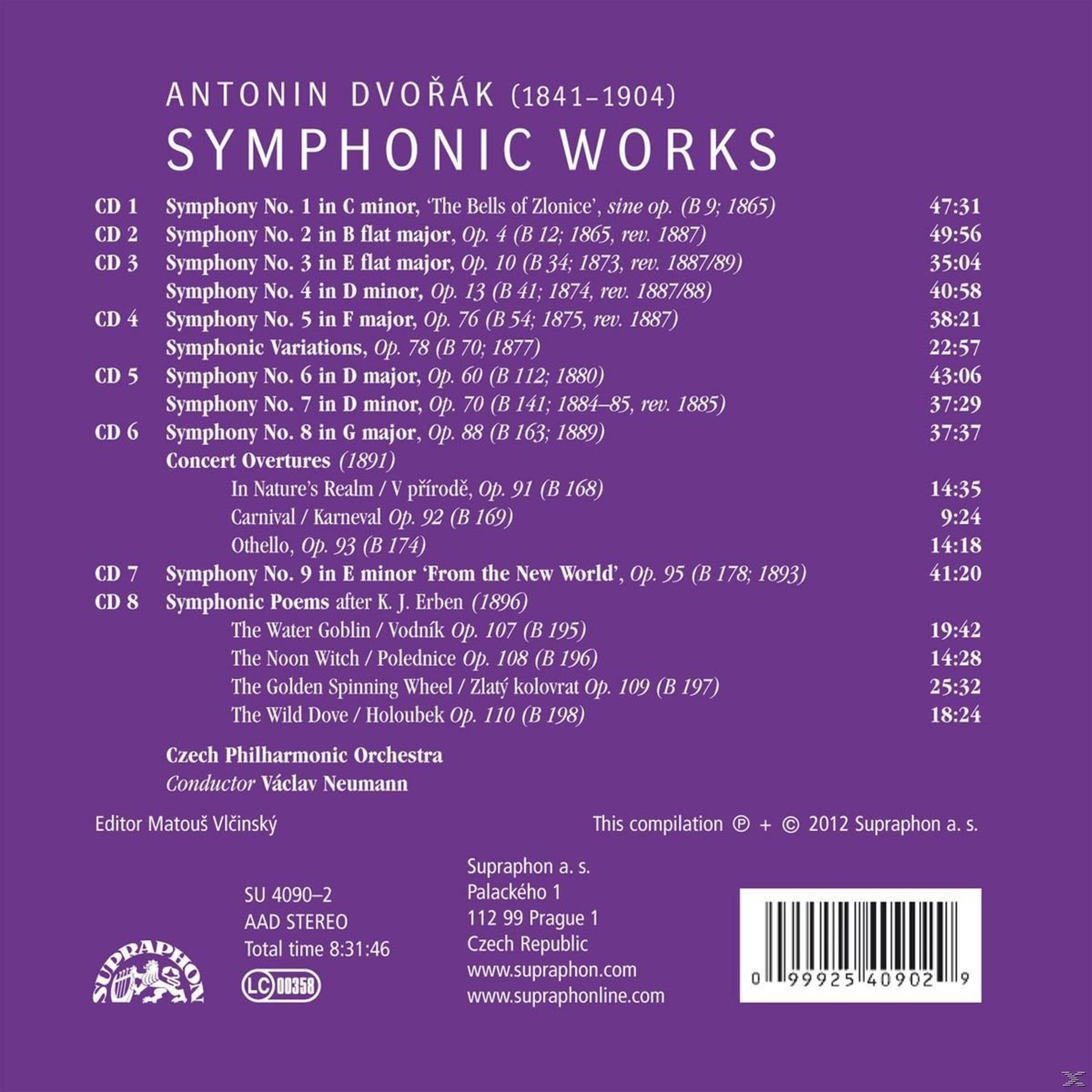 CD-Cover. Lila Hintergrund, weißer Text. Dvorak-Symphonien, Orchester- und Dirigenteninformationen.
