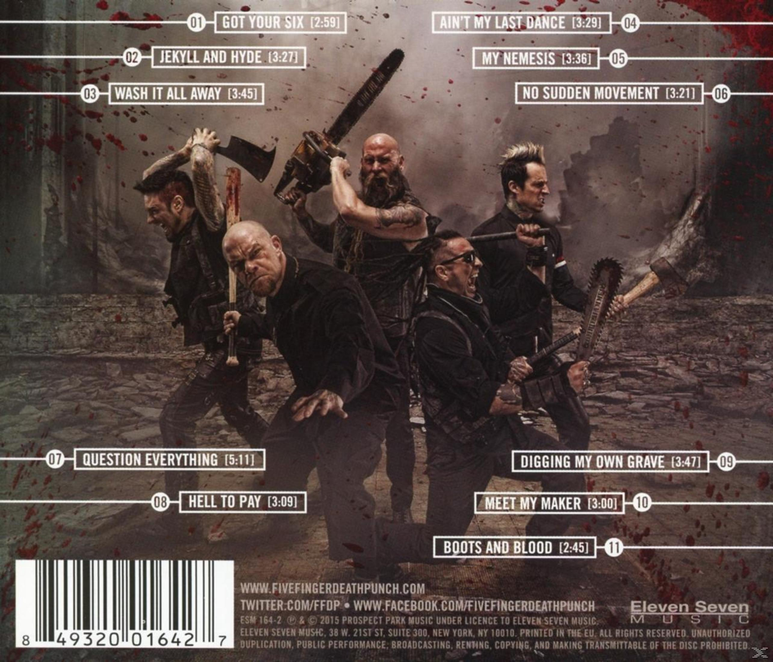 Copertina dell'album: membri della band con armi, motoseghe e asce, schizzi di sangue, titoli delle canzoni e un codice a barre. Sfondo scuro.