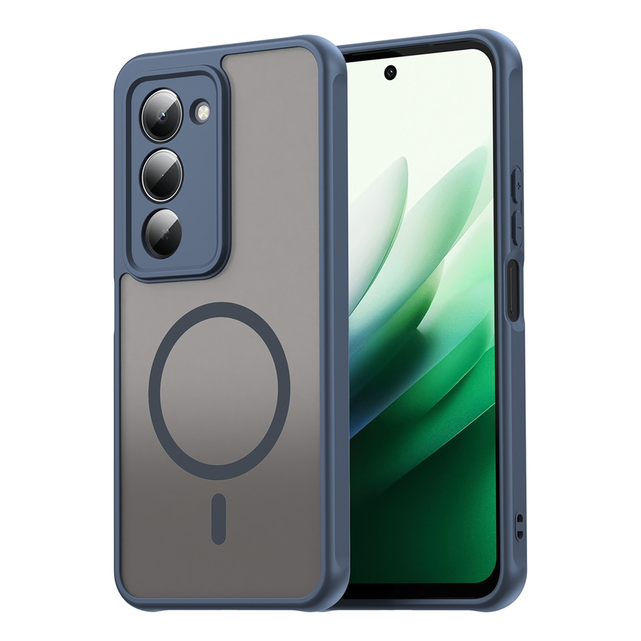 Een telefoon in een blauwe hoes met een doorzichtige achterkant. De hoes heeft een uitsparing voor de camera en een magnetische ring. Het scherm toont groen en wit.