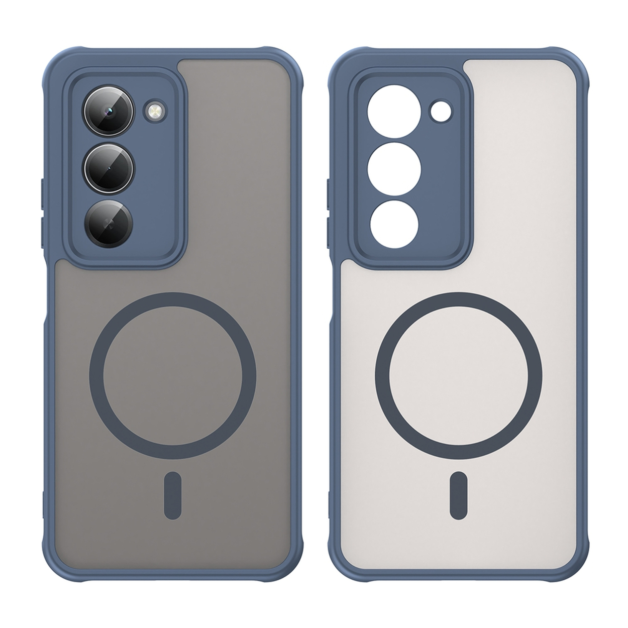 Twee telefoonhoesjes. Elk heeft een blauw frame, een transparante achterkant en een cirkel met een minteken. Eén heeft drie cameralenzen.