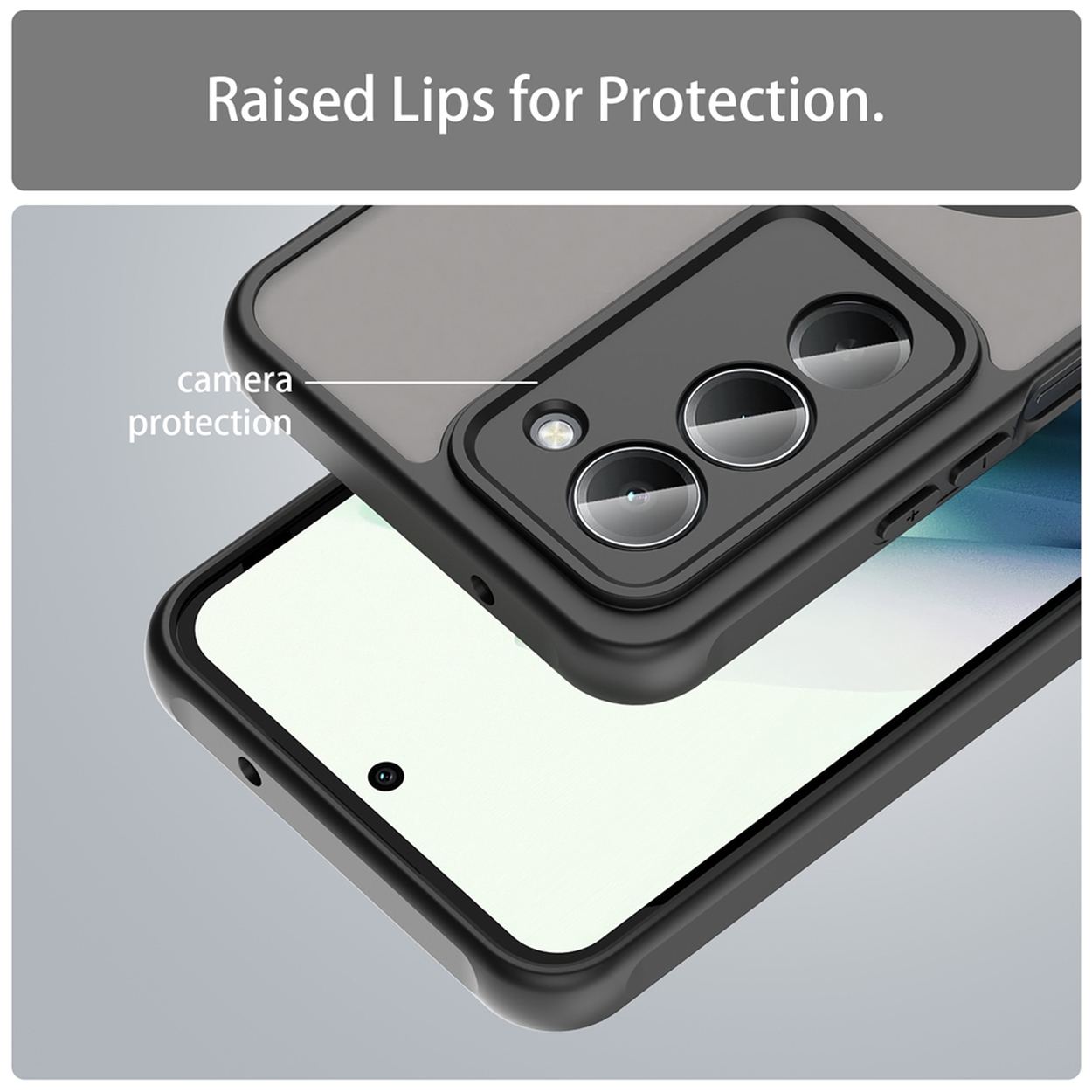 Gros plan d'un étui de téléphone avec des rebords surélevés pour protéger l'appareil photo. L'étui est noir et gris, le téléphone est blanc.