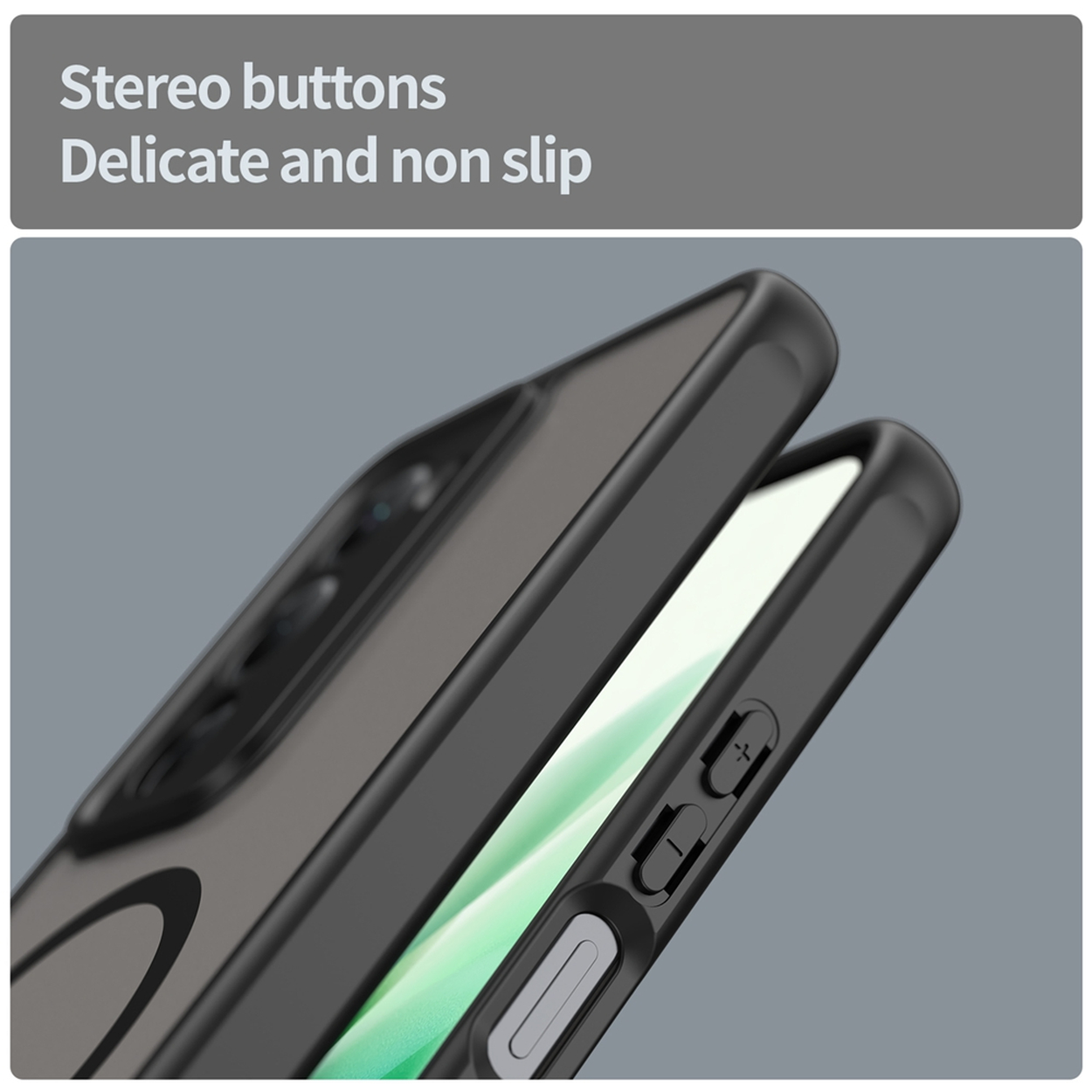 Gros plan sur une coque de téléphone noire. L'étui a des boutons et un design élégant, le texte dit 'boutons stéréo, délicats et antidérapants'.