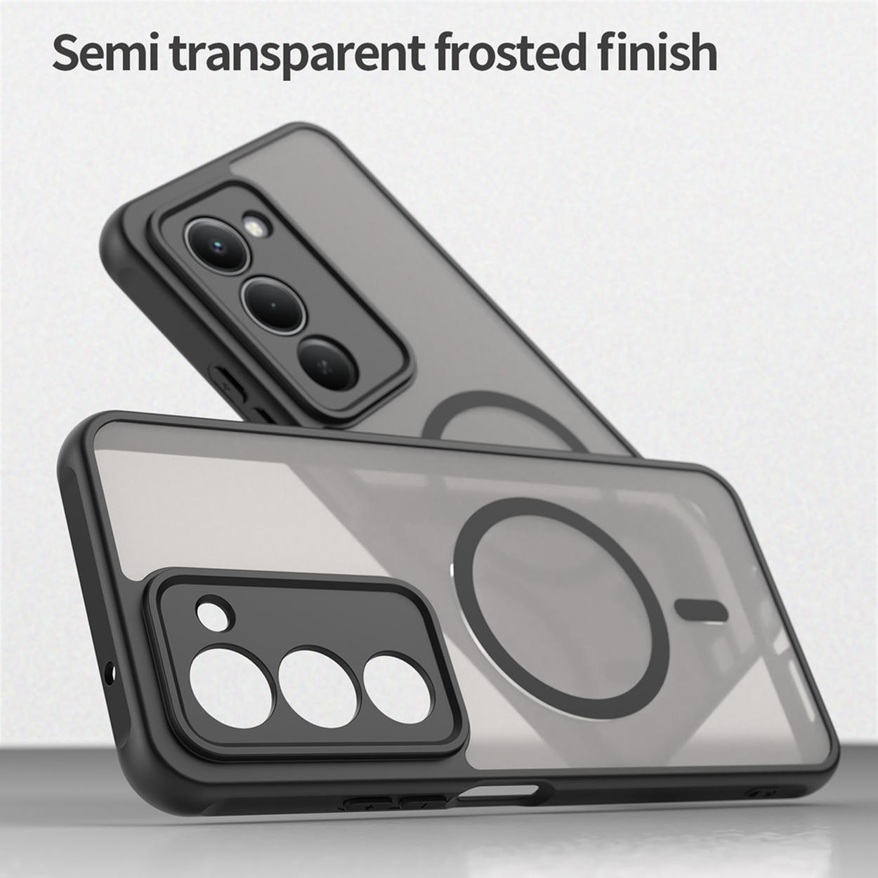 Deux coques de téléphone semi-transparentes, l'une sur l'autre. Celle du dessus affiche la section caméra et celle du dessous a un cercle.
