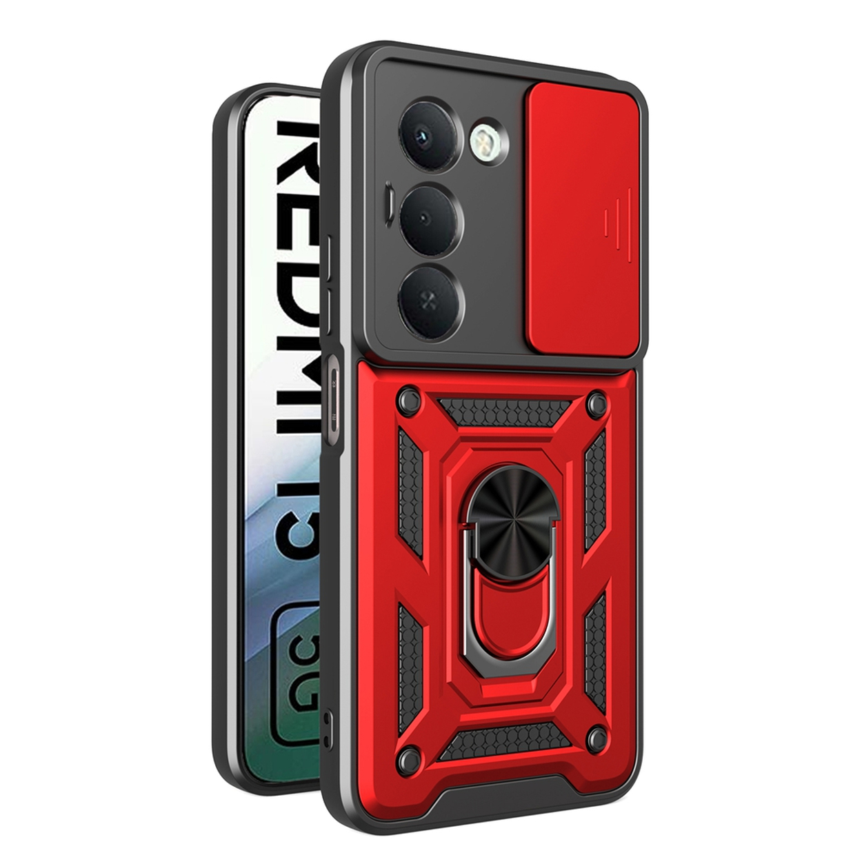 Een rood-zwarte telefoonhoes met een ringhouder. De hoes heeft een schuifbare cameralens en een telefoon erin.