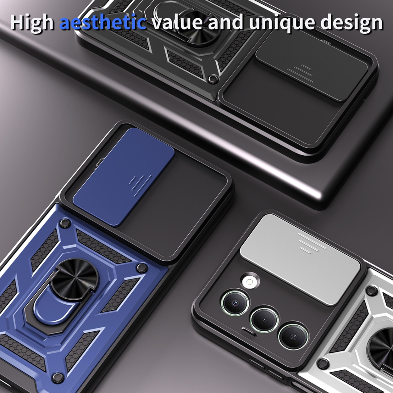 Close-up van drie telefoonhoesjes met unieke ontwerpen. Hoesjes hebben schuifbare cameralenzen en ringhouders. Kleuren: blauw, zwart en zilver.