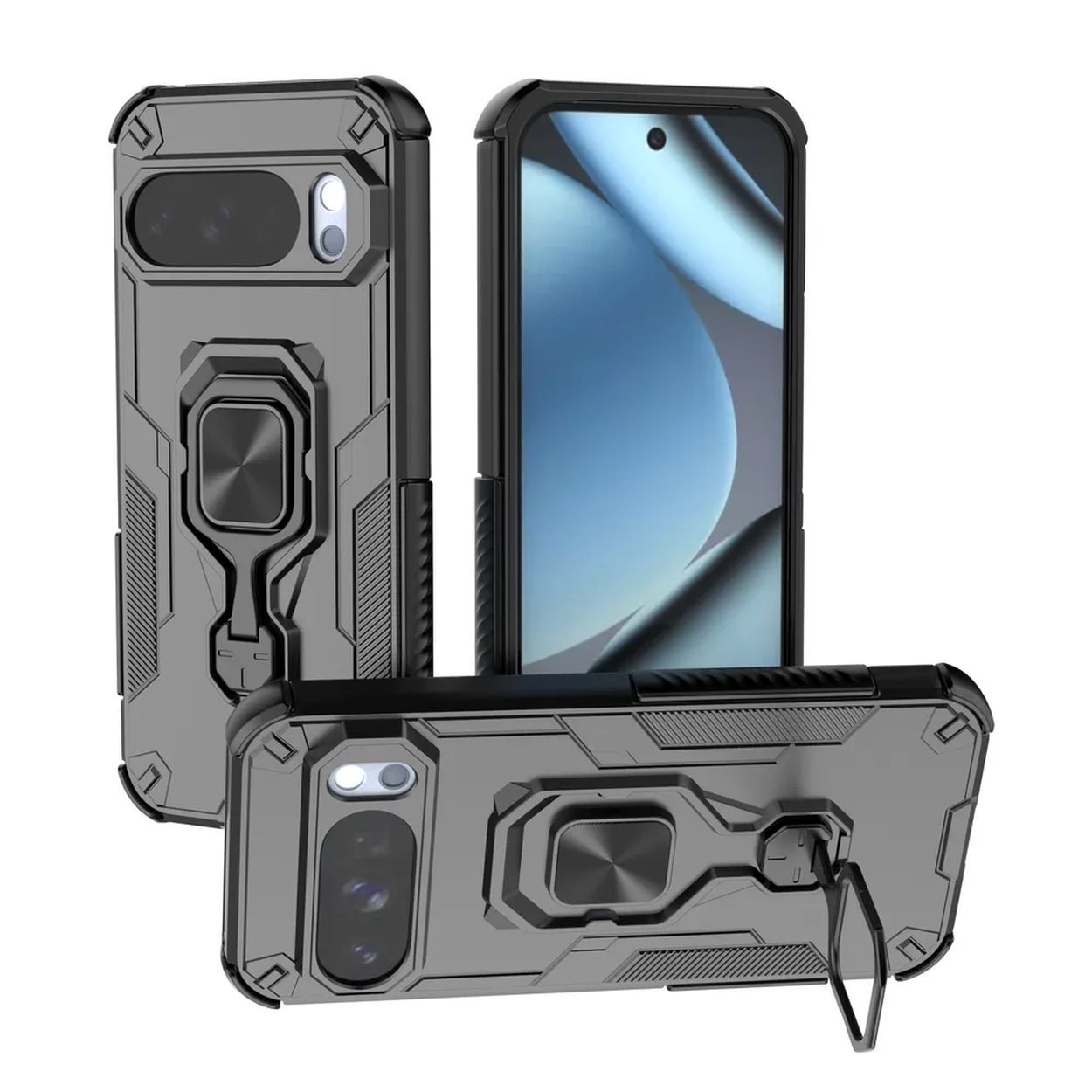 Drie grijze telefoonhoesjes met ringhouders worden weergegeven. Eén telefoon is zichtbaar. De hoesjes hebben een textuurontwerp en camera-uitsparingen.