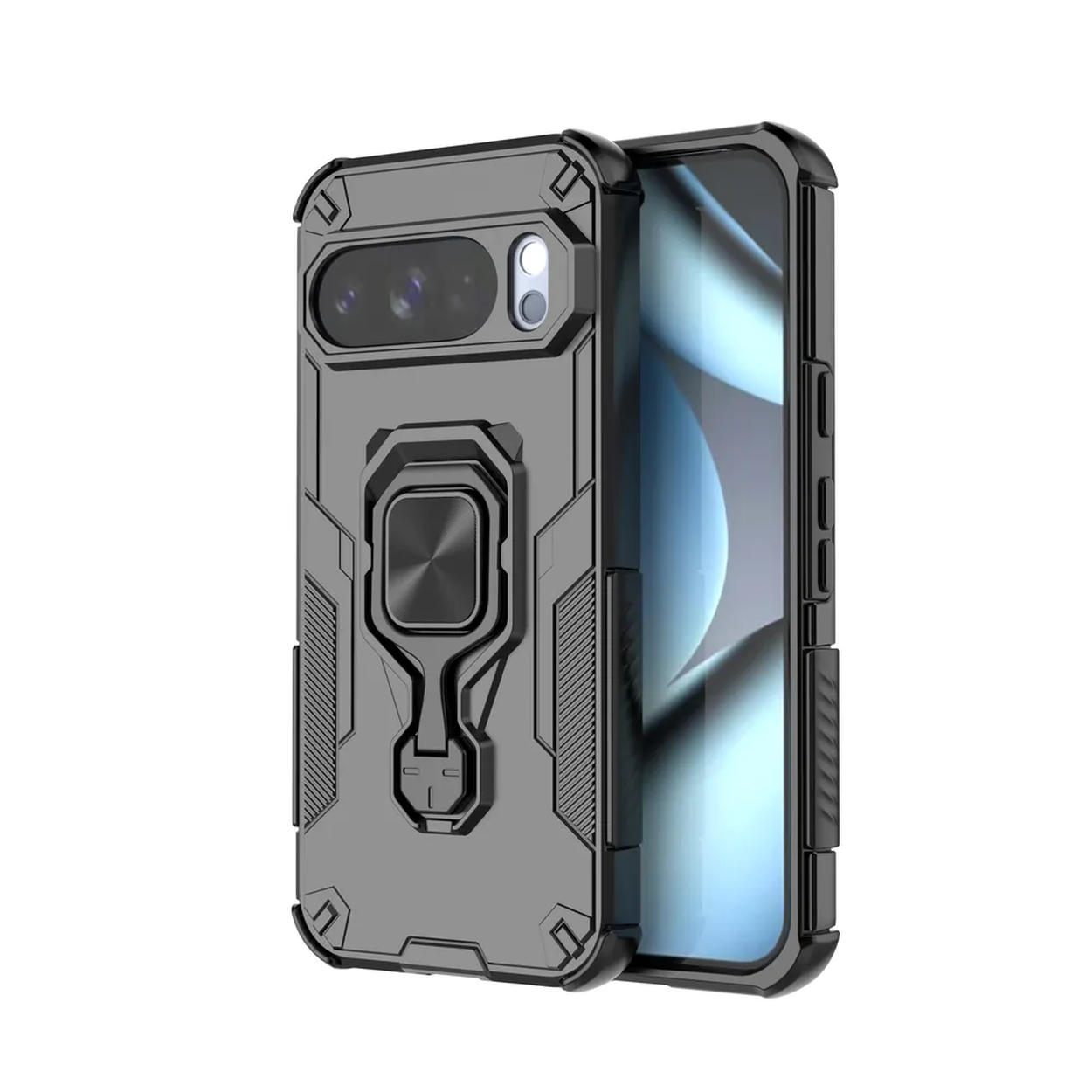 Een grijze telefoonhoes met een ringhouder en een telefoonscherm aan de rechterkant. De hoes heeft een uitsparing voor de camera.