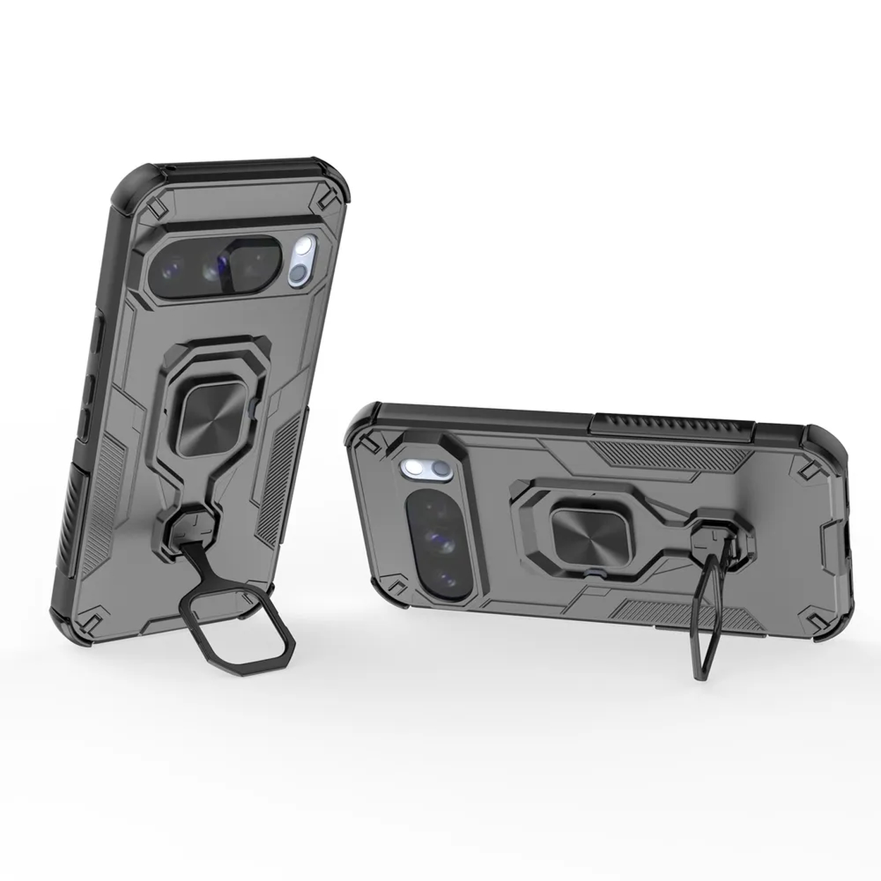 Twee grijze telefoonhoesjes, één rechtop, de andere liggend, beide met camera-uitsparingen en ringhouders. Witte achtergrond.