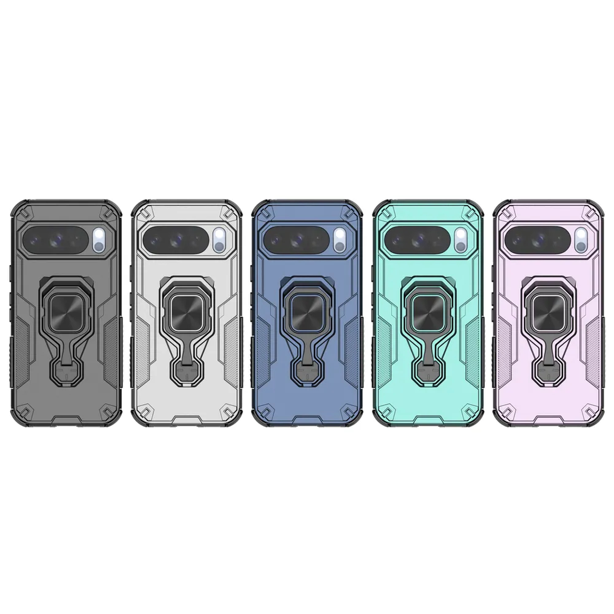 Vijf telefoonhoesjes op een rij, elk met een andere kleur: grijs, wit, blauw, mint en roze. Elke hoes heeft een ringhouder.