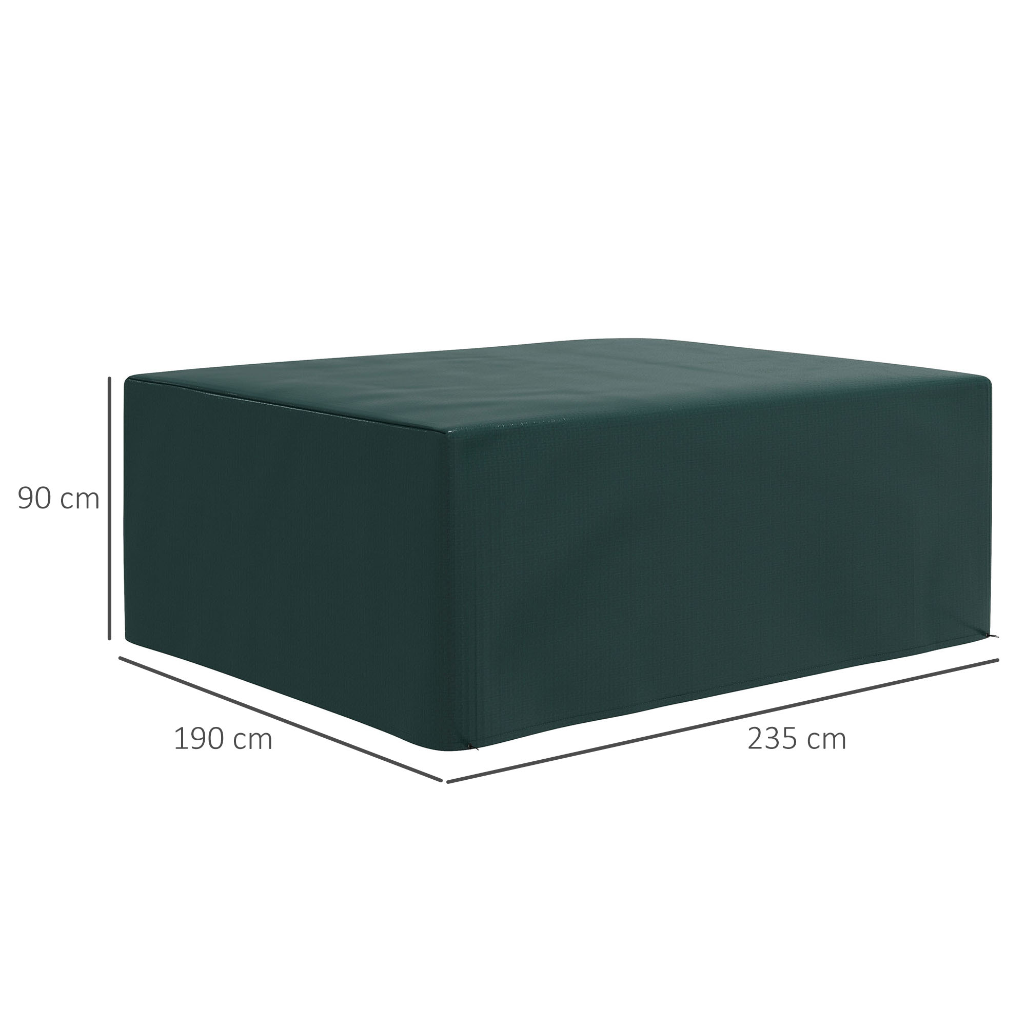 Una cubierta rectangular verde oscuro para muebles de exterior, dimensiones: 235 cm x 190 cm x 90 cm.