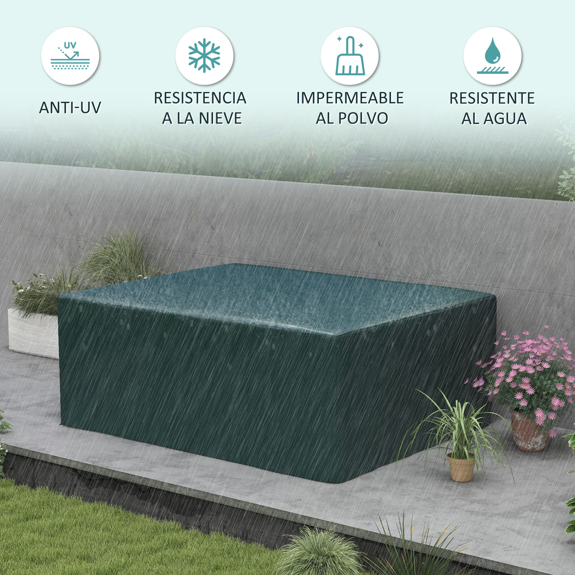 Una cubierta rectangular verde sobre una mesa bajo la lluvia. Los iconos muestran resistencia a los rayos UV, nieve, polvo y agua.
