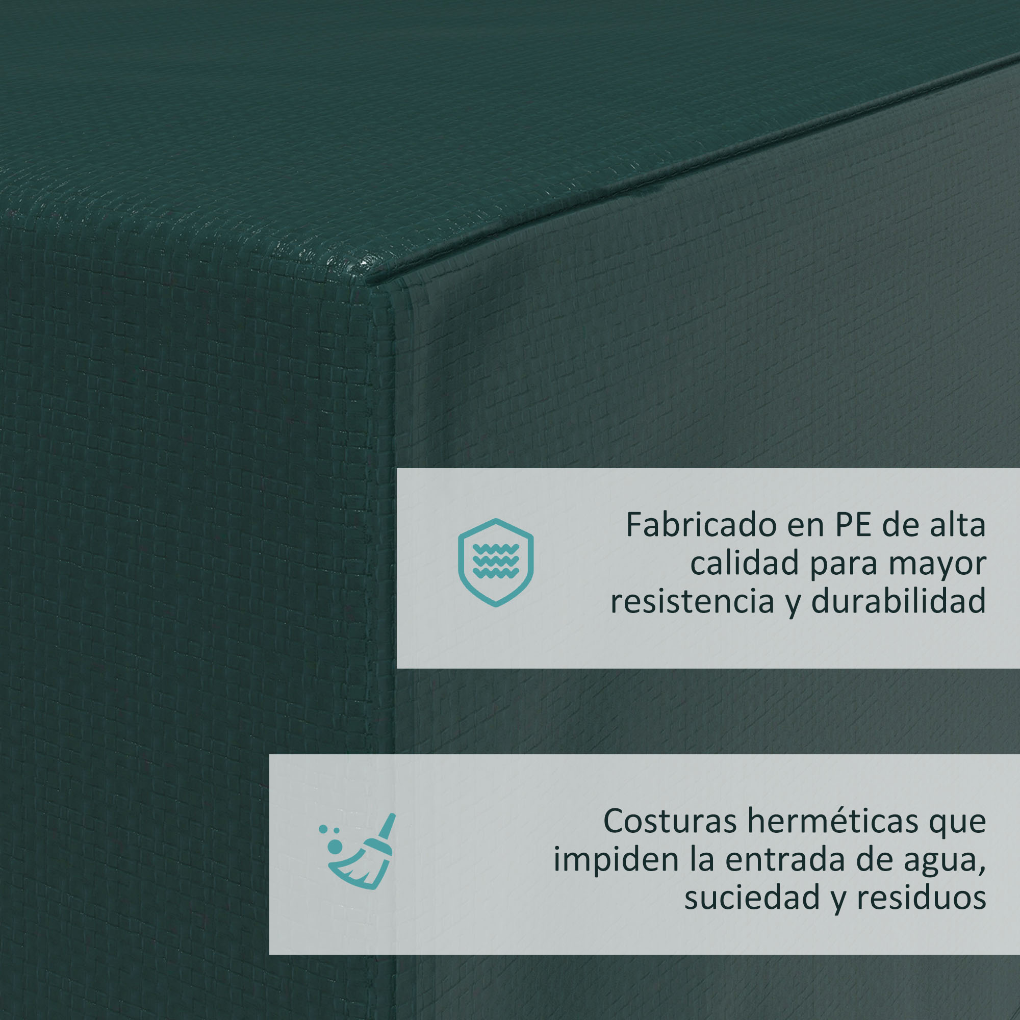 Primer plano de un material verde oscuro texturizado. Texto en español describe alta calidad y resistencia al agua.