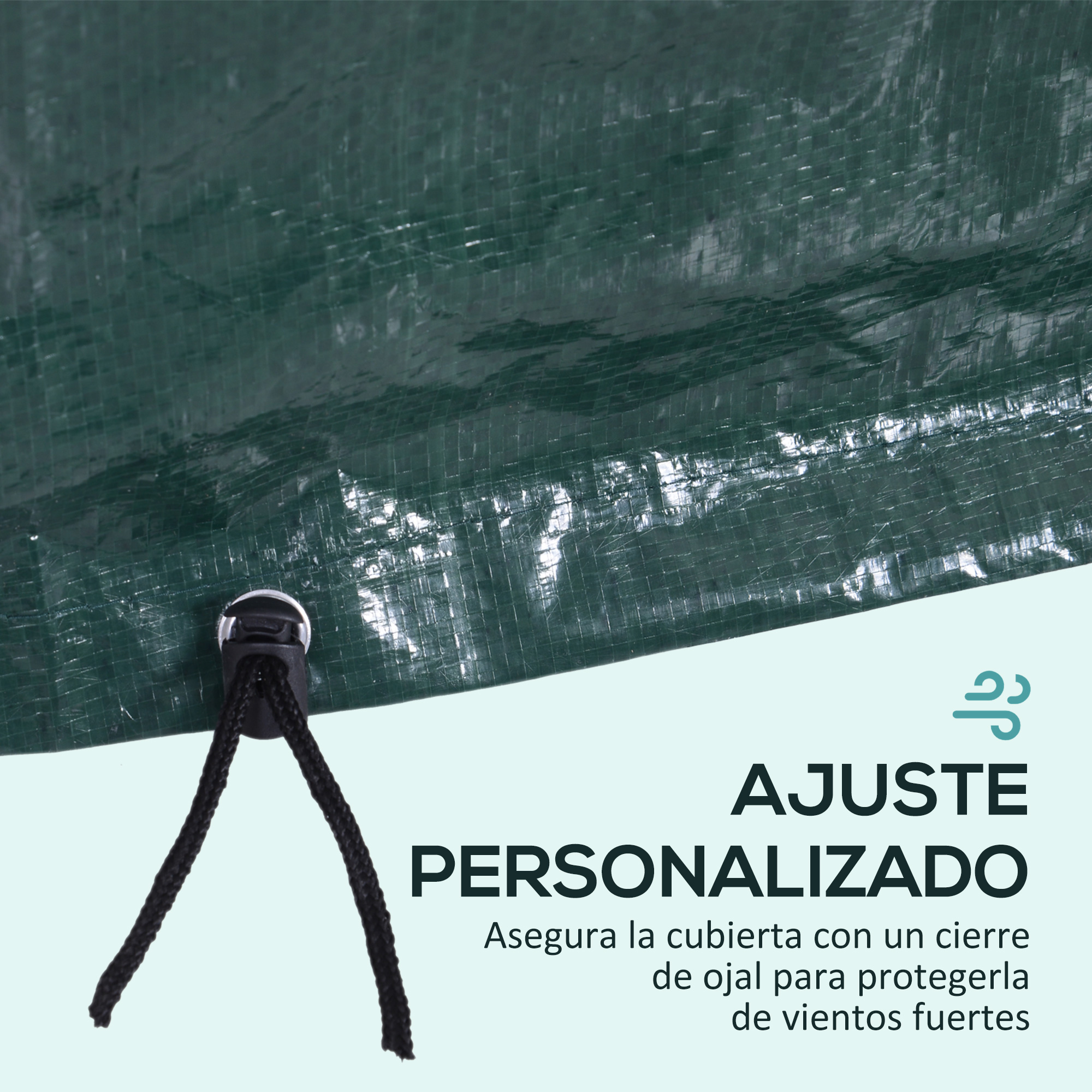 Detalle de lona verde con ojal y cordón negro. Texto: Ajuste personalizado, asegura la cubierta con cierre de ojal.