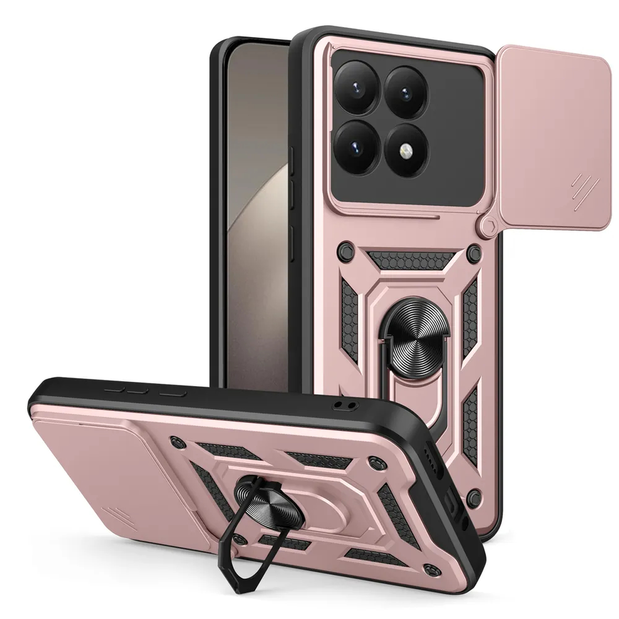 Étuis de téléphone or rose avec des accents noirs. Un étui a un couvercle sur les caméras et un support d'anneau.