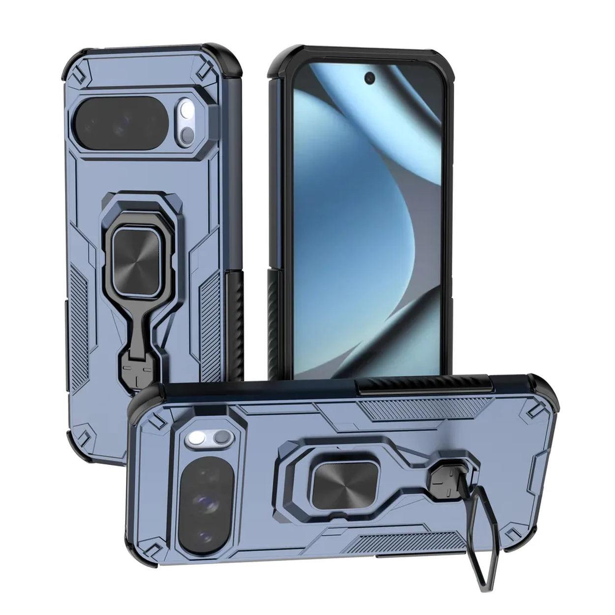 Drie blauwe telefoonhoesjes met ringhouders. Eén telefoon is open. Alle hoesjes hebben camera's en zwarte accenten.