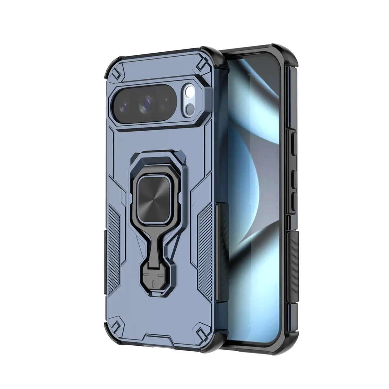 Blauwe telefoonhoes met ringhouder, camera-uitsparingen en een zwart frame. Het scherm van de telefoon is rechts zichtbaar.