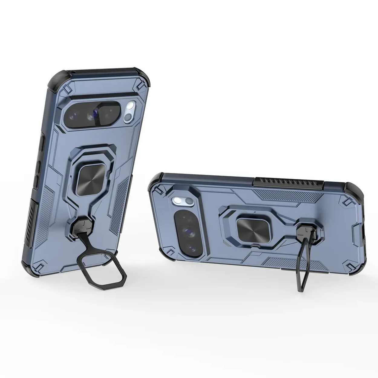 Twee blauwe telefoonhoesjes met ringhouders. Eén staat rechtop, de ander ligt. Beide hebben uitsparingen voor de camera en zwarte accenten.
