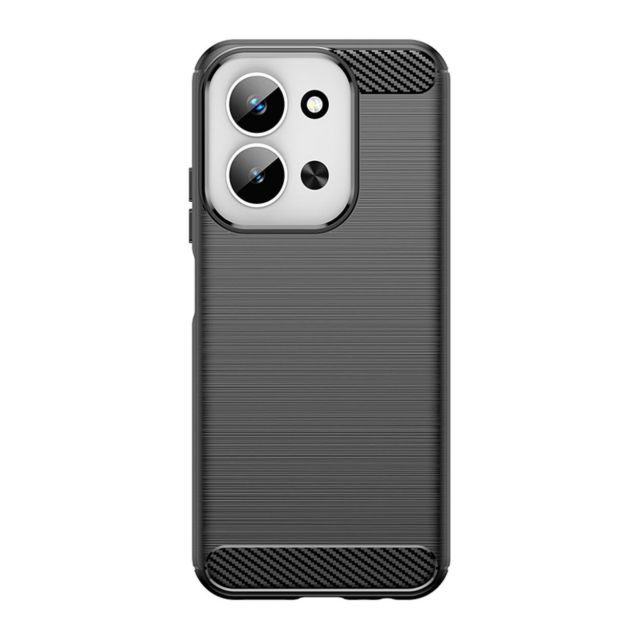 Une coque de téléphone gris foncé. Elle possède une découpe pour l'appareil photo avec plusieurs lentilles et un motif texturé. Le haut et le bas ont un design en fibre de carbone.