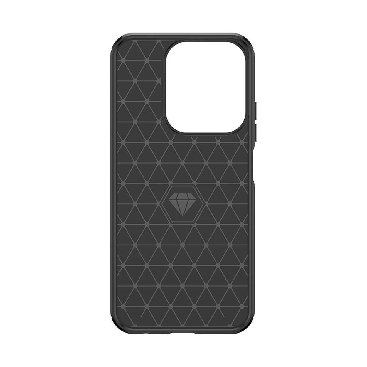 Une coque de téléphone gris foncé avec un motif en losanges. Elle a une découpe pour l'appareil photo et des boutons latéraux. Le fond est blanc.