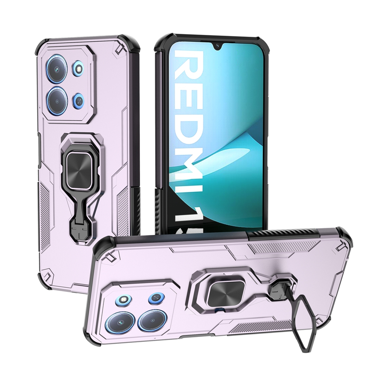 Drie telefoonhoesjes: één met telefoon, twee zonder. Hoesjes zijn lichtpaars met zwarte accenten en ringhouders. Telefoon zegt REDMI 11.