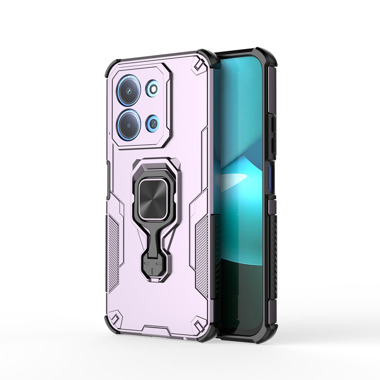 Een telefoon in een roze hoesje met een ringhouder. De hoes heeft een camerabult en een zwarte rand.