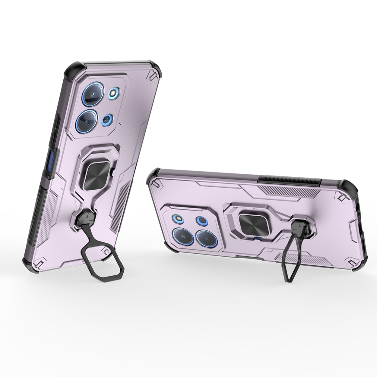 Twee beschermende telefoonhoesjes met ringhouders. Eén staat rechtop, de andere ligt plat. Beide zijn lavendelkleurig met zwarte accenten.